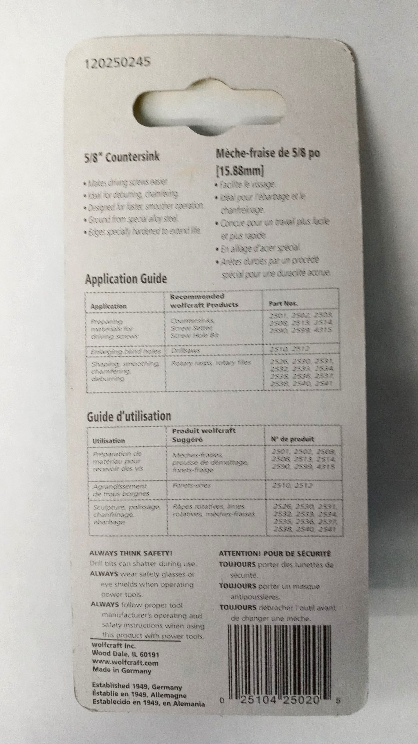 Wolfcraft 2502 5/8" Countersink Made in Germany