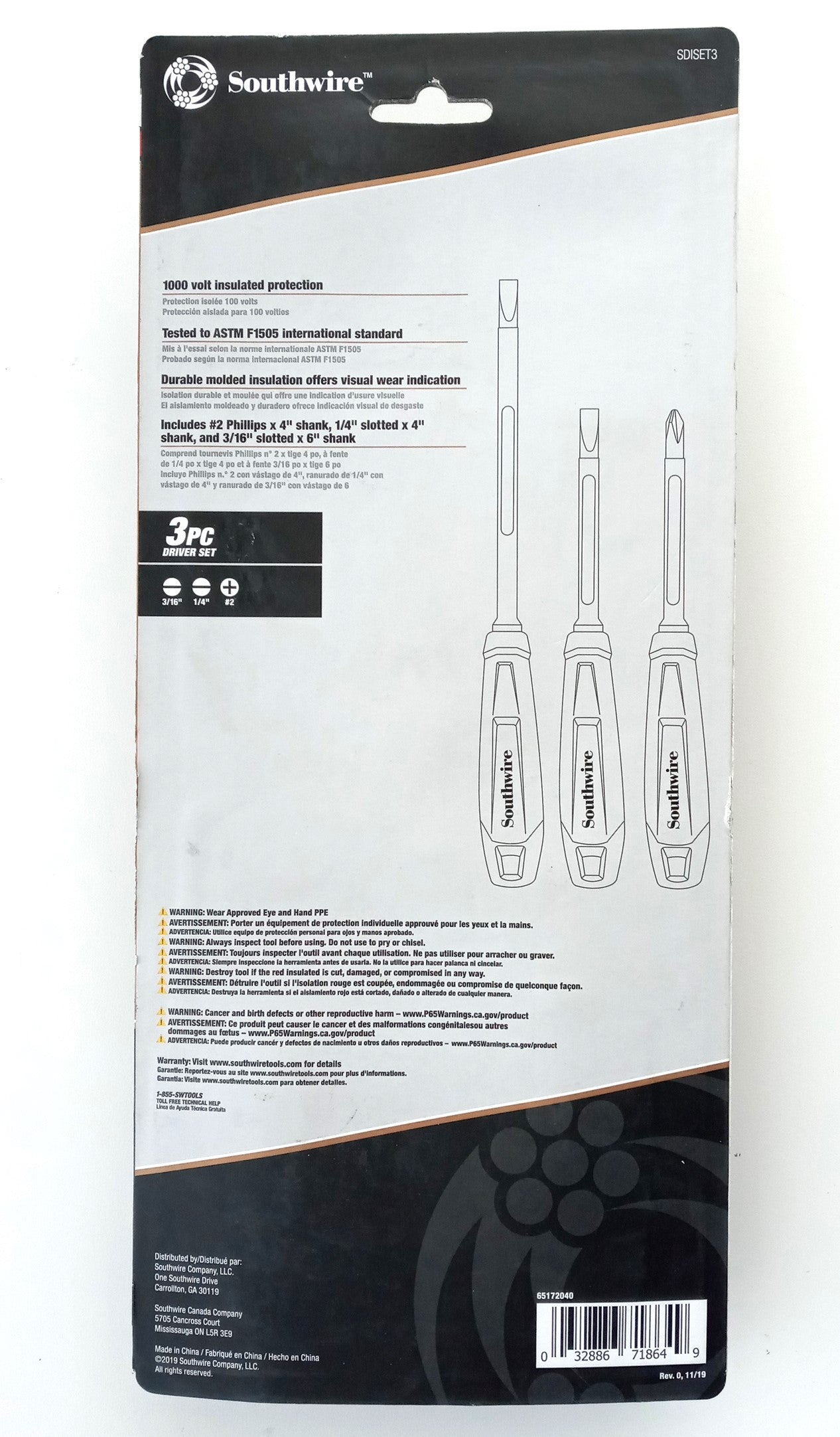 Southwire SDISET3 3-Pc Insulated Screwdrivers 1000V 1/4" & 3/16" Slotted & #2 Ph