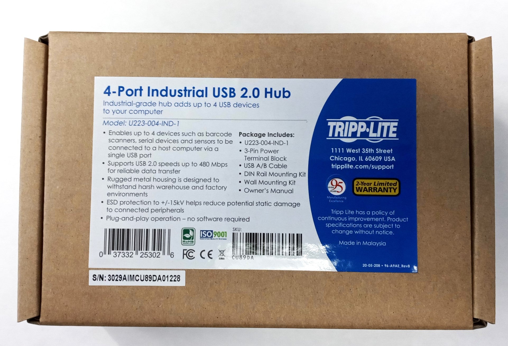 Tripp Lite U223-004-IND-1 4-Port Industrial-Grade USB 2.0 Hub 15 kV ESD Immunit