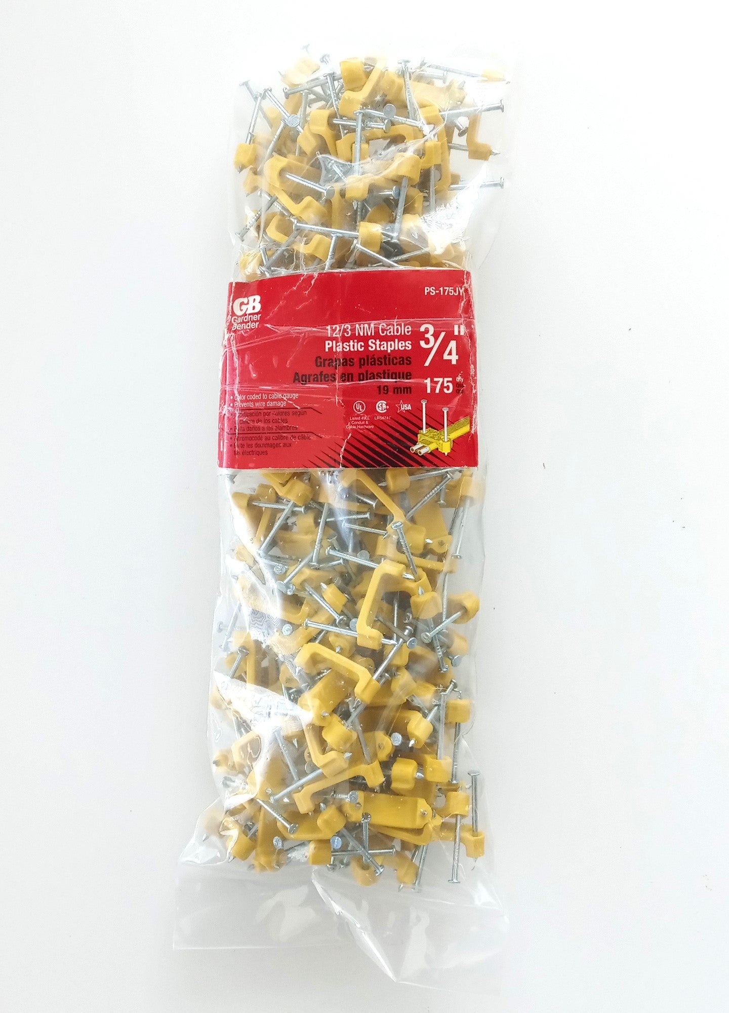 Gardner Bender PS-175JY 3/4" 12/3 NM Cable Yellow Plastic Staples 175 Pack USA
