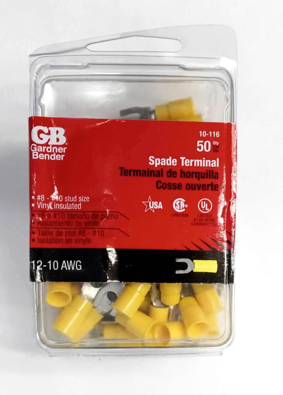 Gardner Bender 10-116 Terminal Spade 8-10 Stud 12-10 AWG Yellow 50 Pack USA