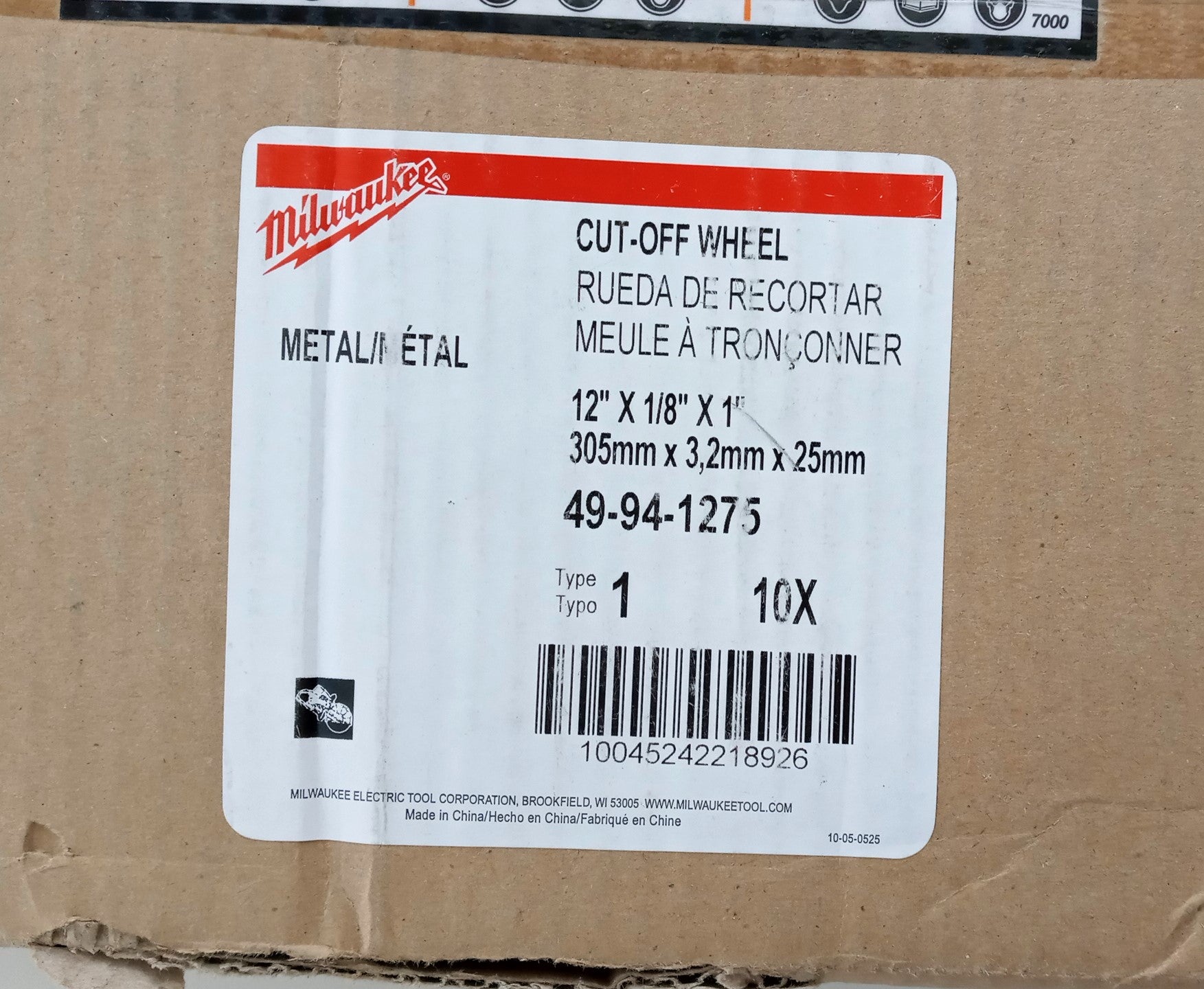 Milwaukee 49-94-1275 Cut-Off  Wheel 12 X 1/8 X 1 Pack Of 10