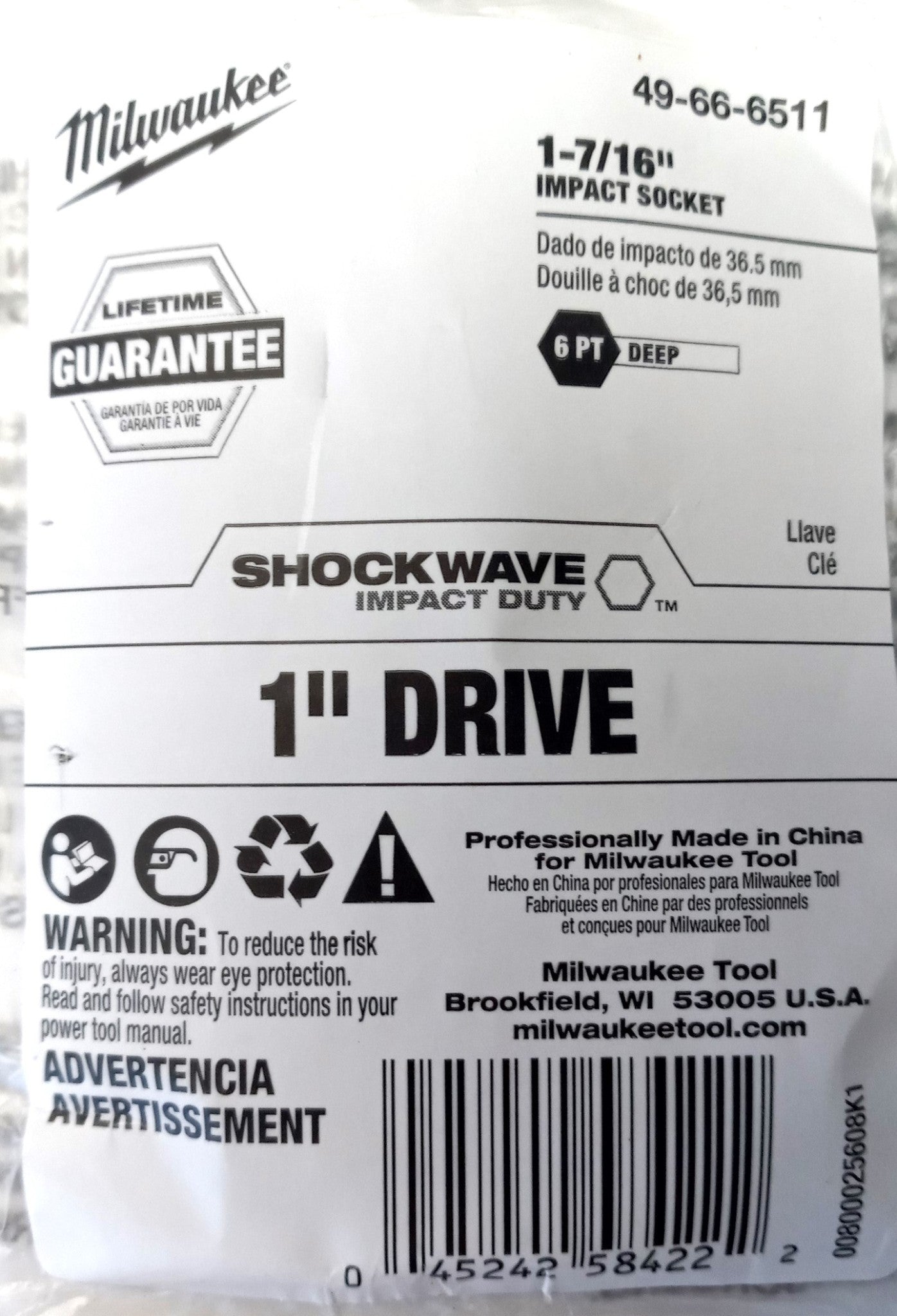 Milwaukee Tool 49-66-6511 1-7/16 In. Shockwave Impact Socket 1 In. Drive Deep