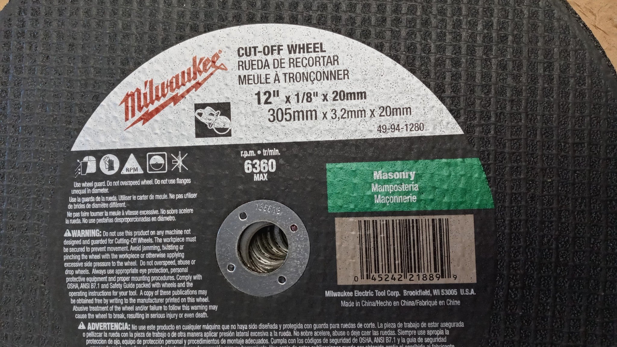 Milwaukee 49-94-1280 Masonry Cut-Off Wheel 12"x1/8"x20mm Type 1, 10pcs