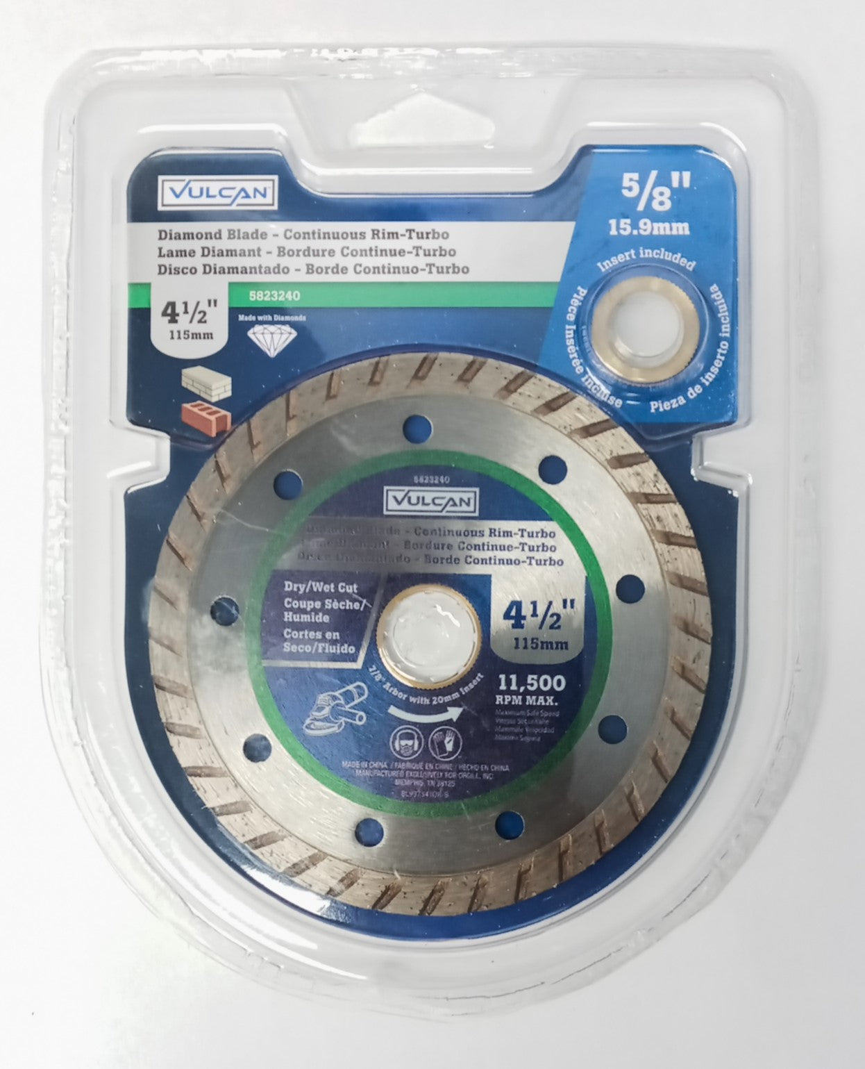 Vulcan 5823240 Continuous Turbo Diamond Blade, 4.5 in Dia, 7/8 in Arbor