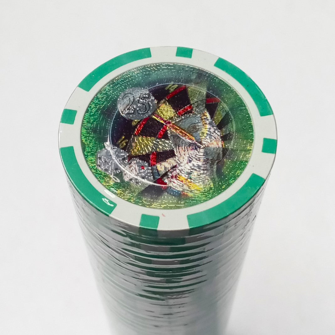 Green $25 Denomination, Holographic Roulette Wheel, Clay Poker Chips 50pcs