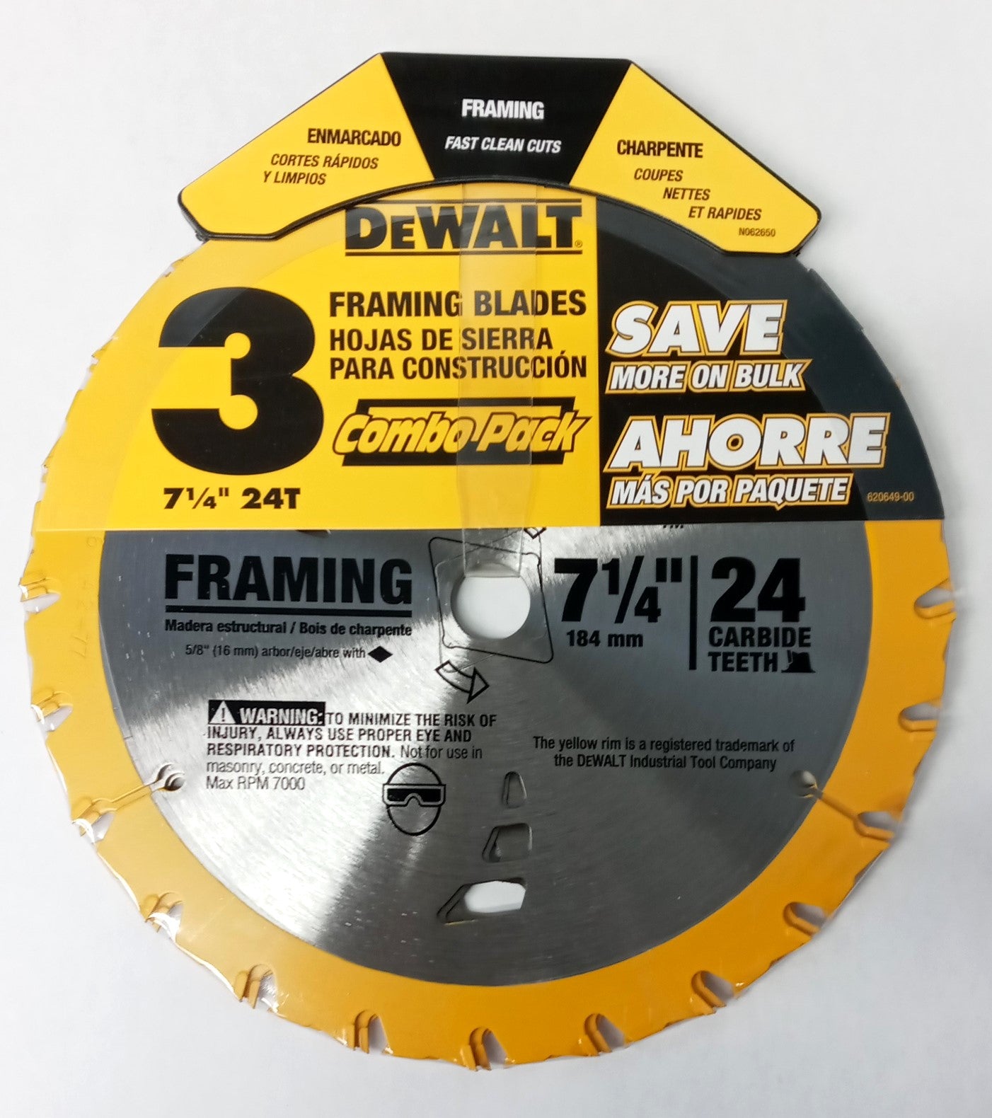 DEWALT DW3578B3 3PK 7-1/4" x 24 Tooth Carbide-Tipped Framing Circular Saw Blade