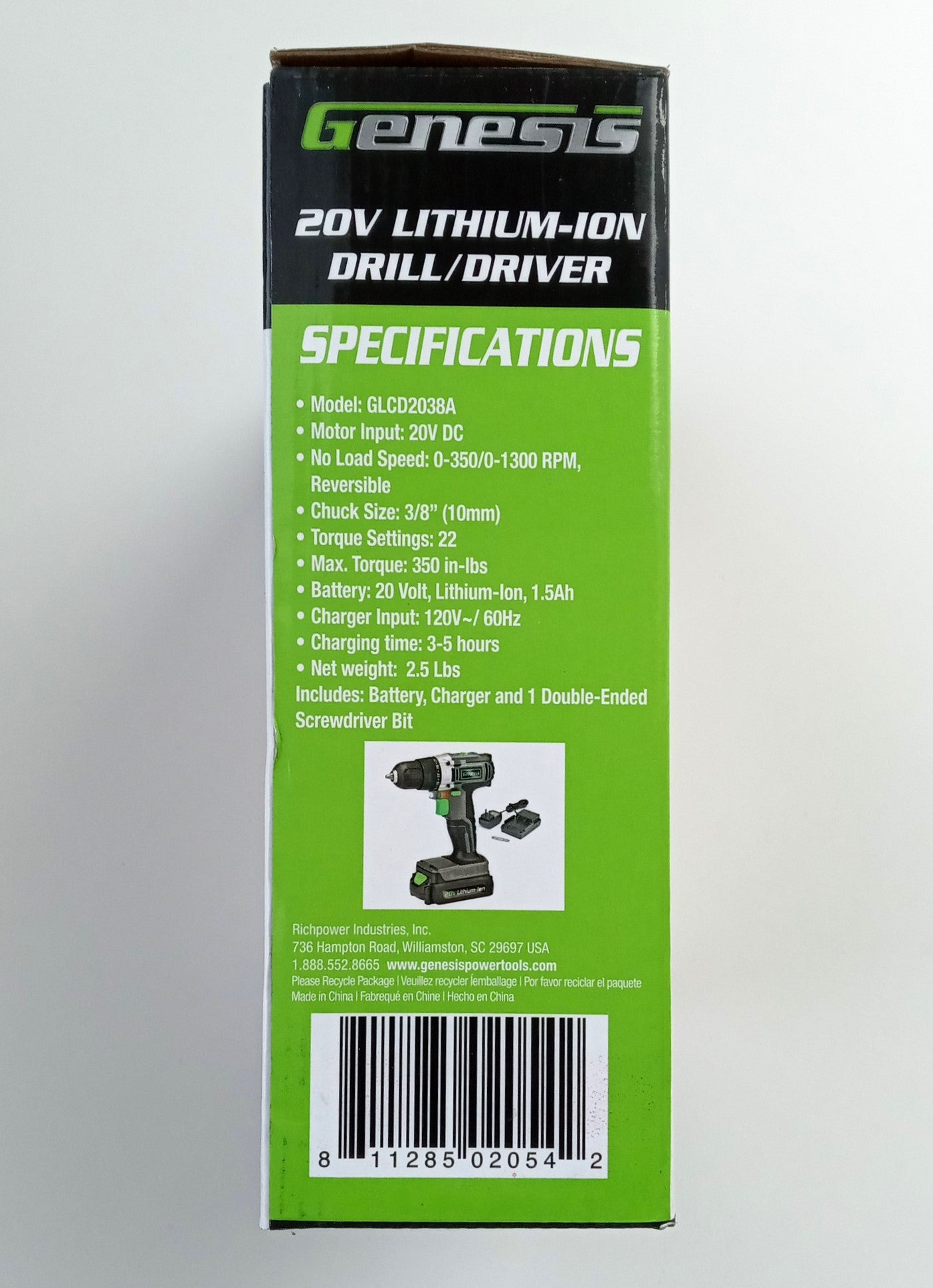 Genesis GLCD2038A 20V Lithium-ion Battery-Powered Cordless Variable Speed Drill