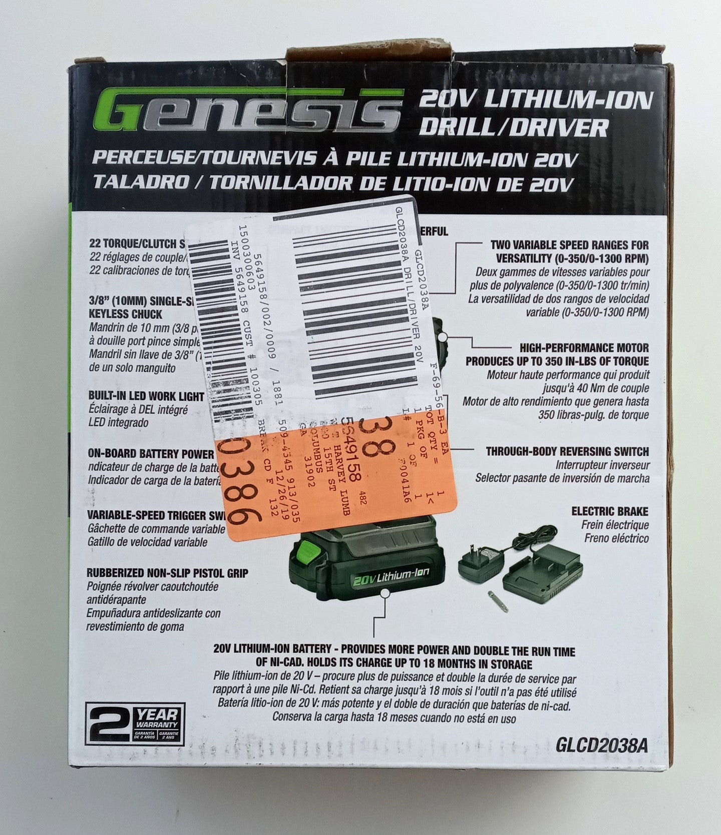Genesis GLCD2038A 20V Lithium-ion Battery-Powered Cordless Variable Speed Drill