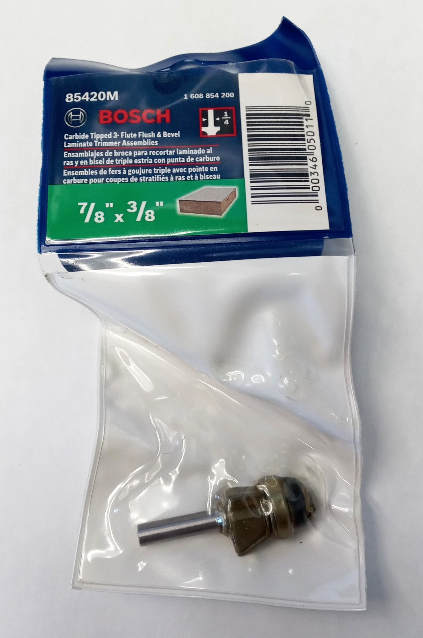 Bosch 85420M 3-Flute Flush & Bevel Laminate Trimmer 7/8" x 3/8" Router Bit