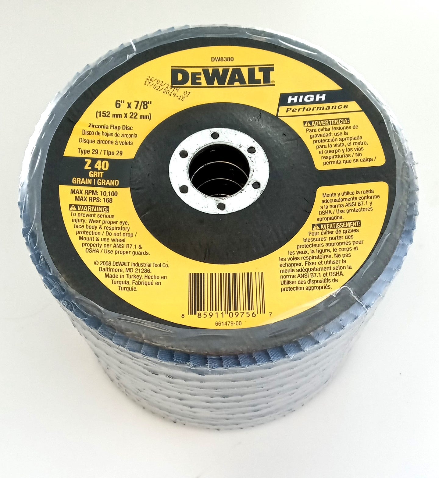 Dewalt DW8380 6" X 7/8" Zirconia Flap Disc Z 40 Grit 10pcs
