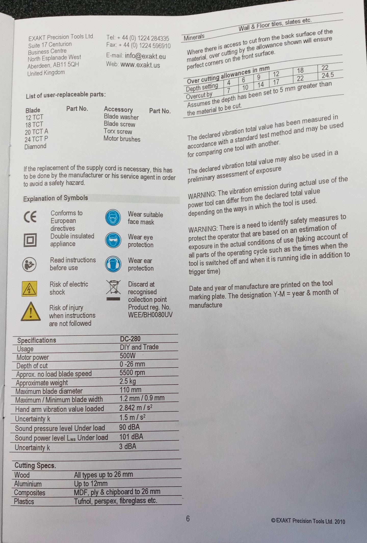 Exakt DC280 Hand Held Circular Saw Tile Wood Cutter Metal Plastic Alum