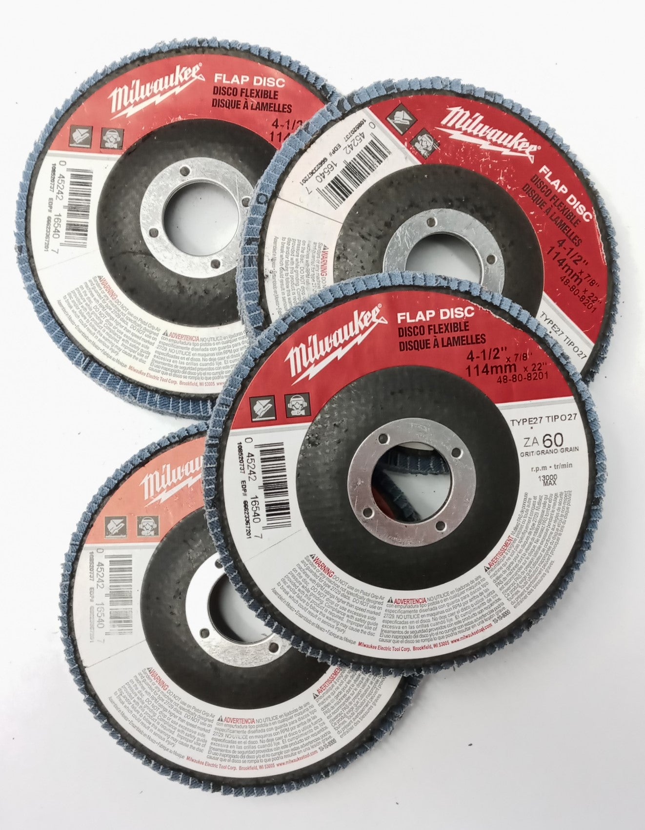 Milwaukee 48-80-8201 Flap Disc 4-1/2" x 7/8" Type 27 60-Grit 4pcs