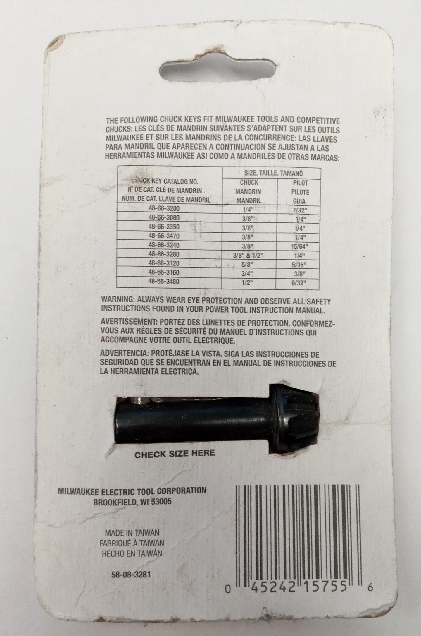 Milwaukee 48-66-3280 Chuck Key for 3/8" and 1/2" Chucks with 1/4" Pilot