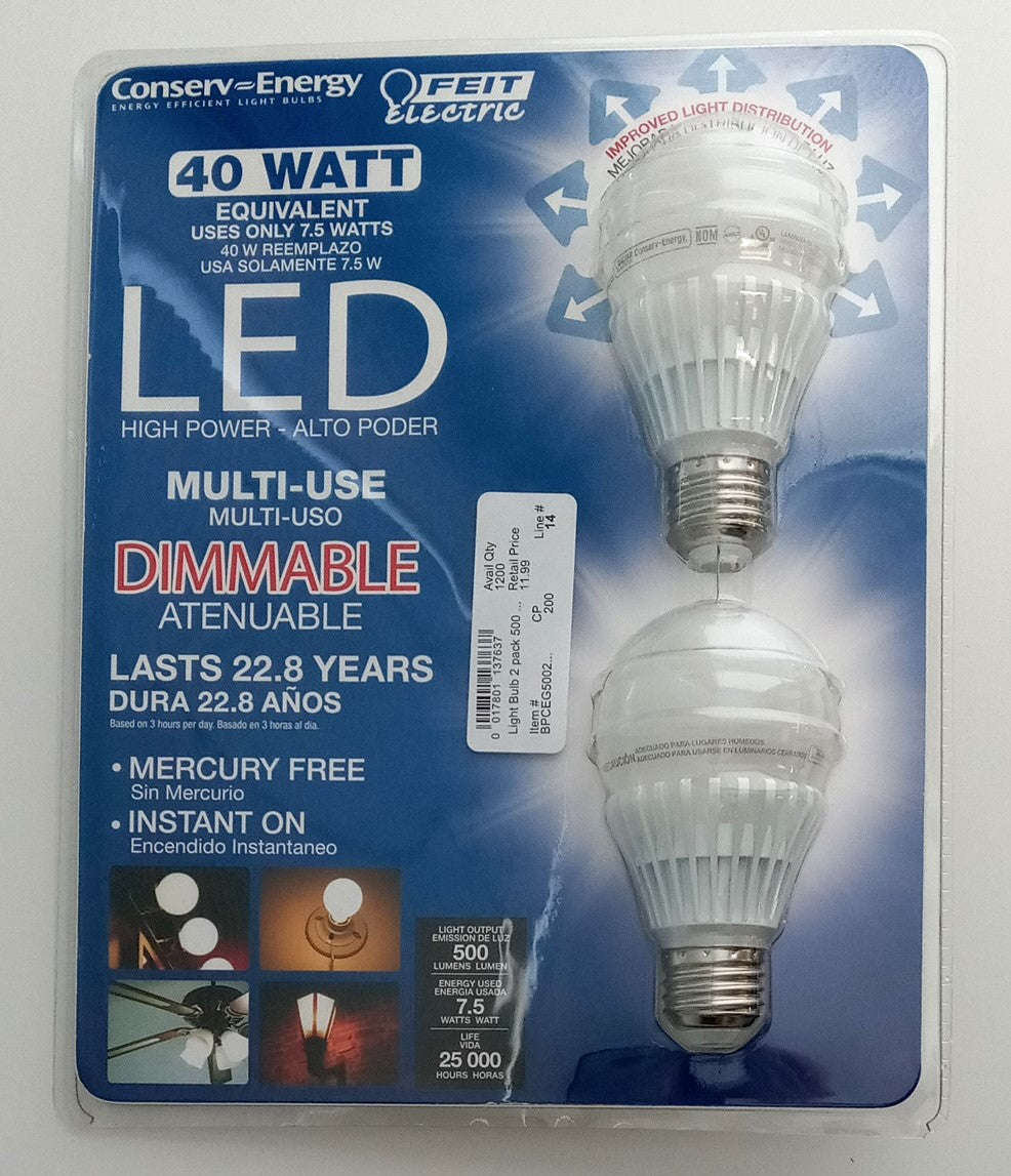 Feit Electric 816500 2-Pack Dimmable LED Bulbs 500 Lumens, 3000k, 7.5W
