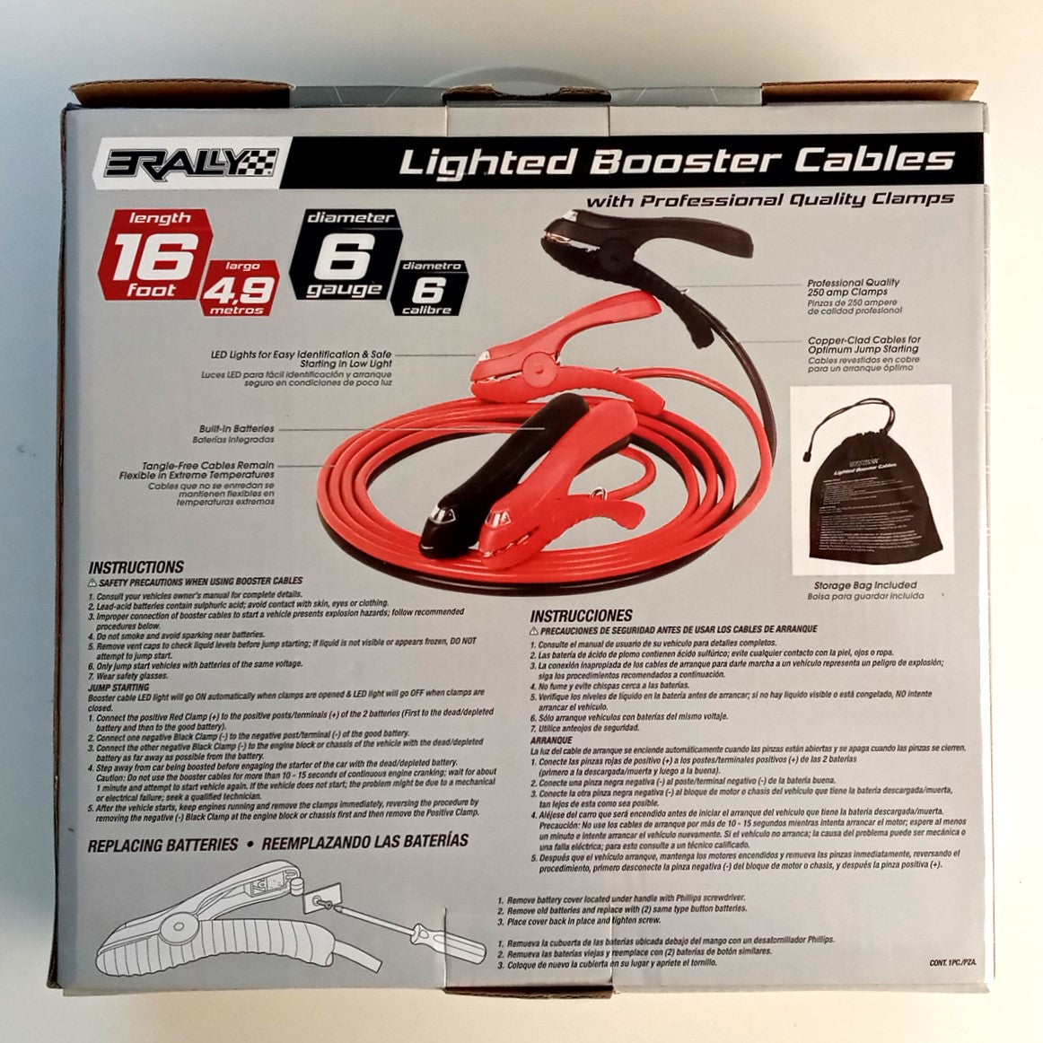 Rally Lighted Booster/Jumper Cables with Clamps 16ft 6-Gauge 7338