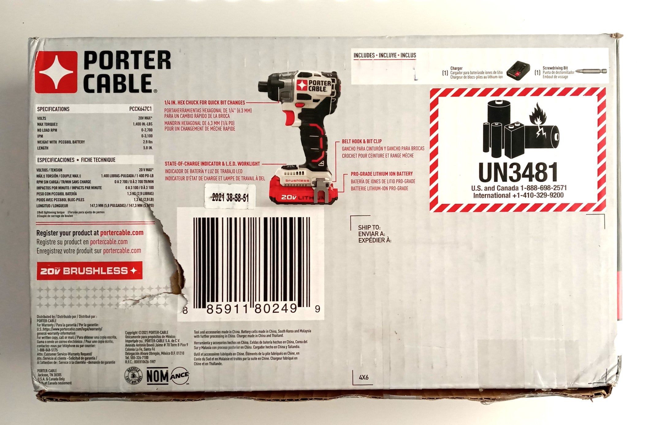 Porter Cable 20V Max Lithium-Ion Brushless Impact Driver PCCK647C1