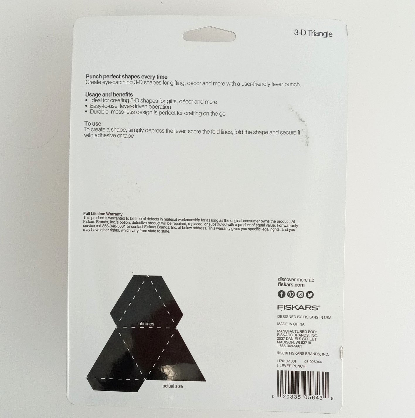 Fiskars 4XL Lever Punch 3-D Triangle Craft Scrapbook 117010