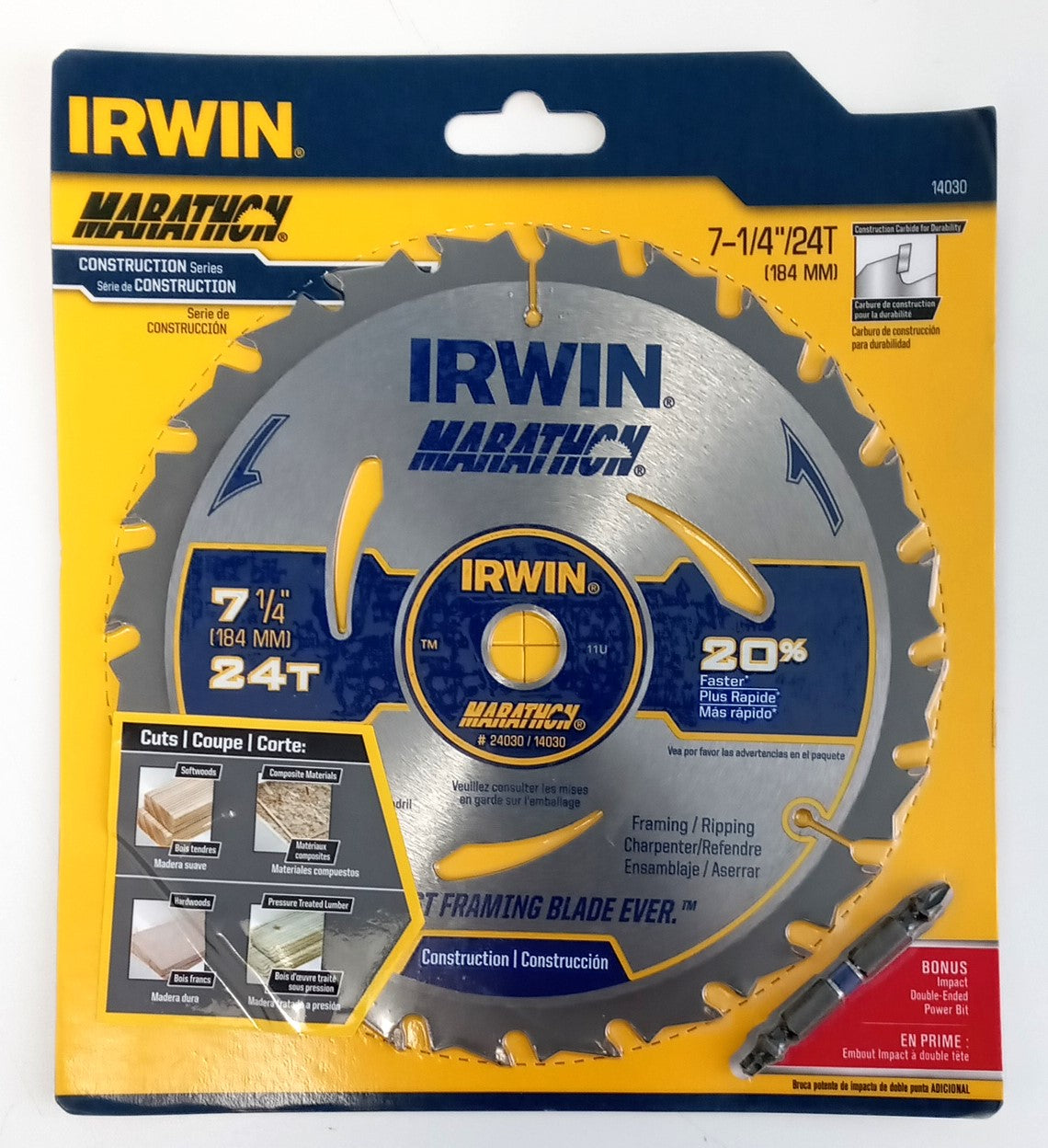 Irwin Carbide Circular Saw Blade 7-1/4" 24T Framing with Power Bit 24030 #R08