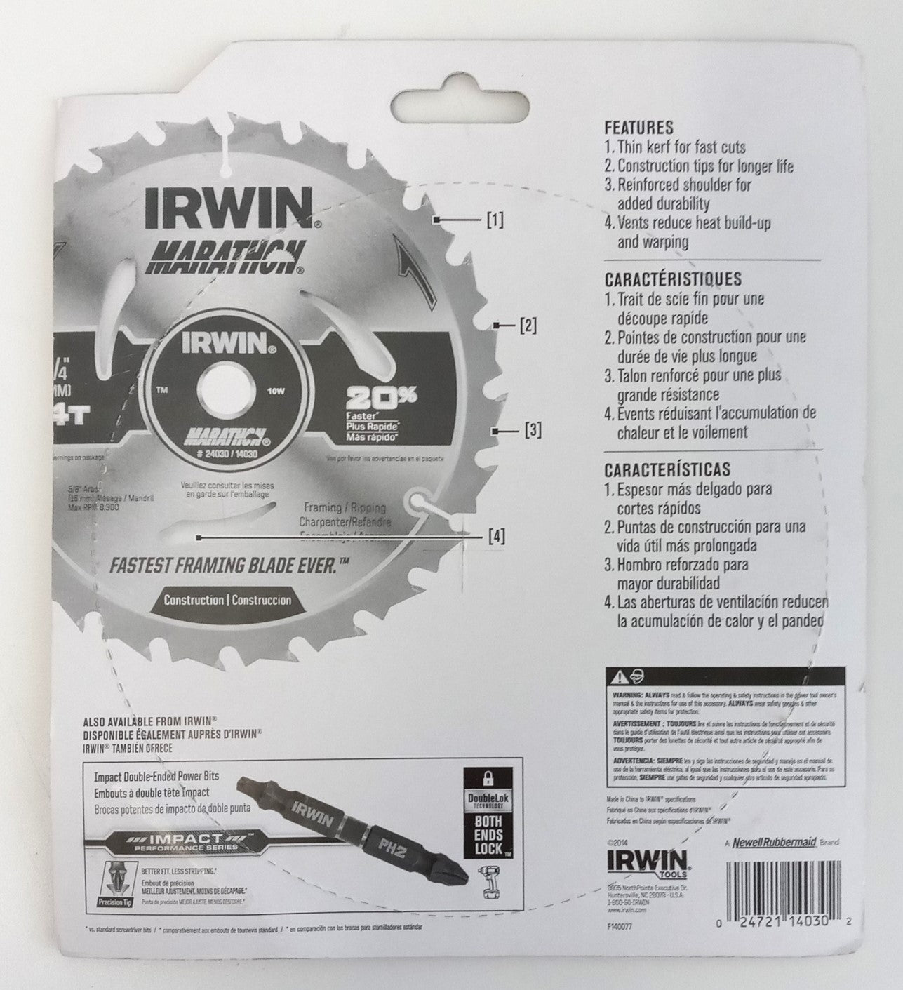 Irwin Carbide Circular Saw Blade 7-1/4" 24T Framing with Power Bit 24030 #R08