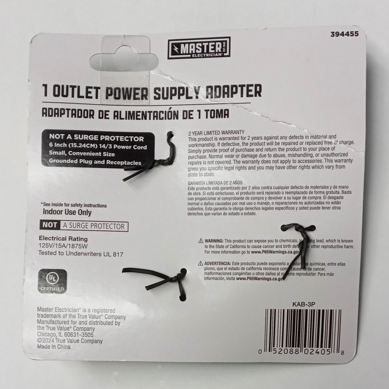 Master Electrician 1 Outlet Power Supply Adapter, 15AMPS 6" Cord 394455/KAB-3P