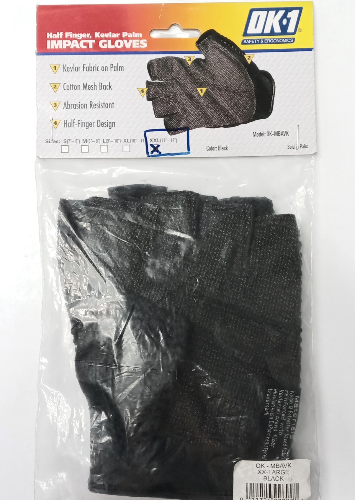 OK-1 Half Finger Impact Gloves, made with Kevlar Palm XXL Size OK-MBAVK