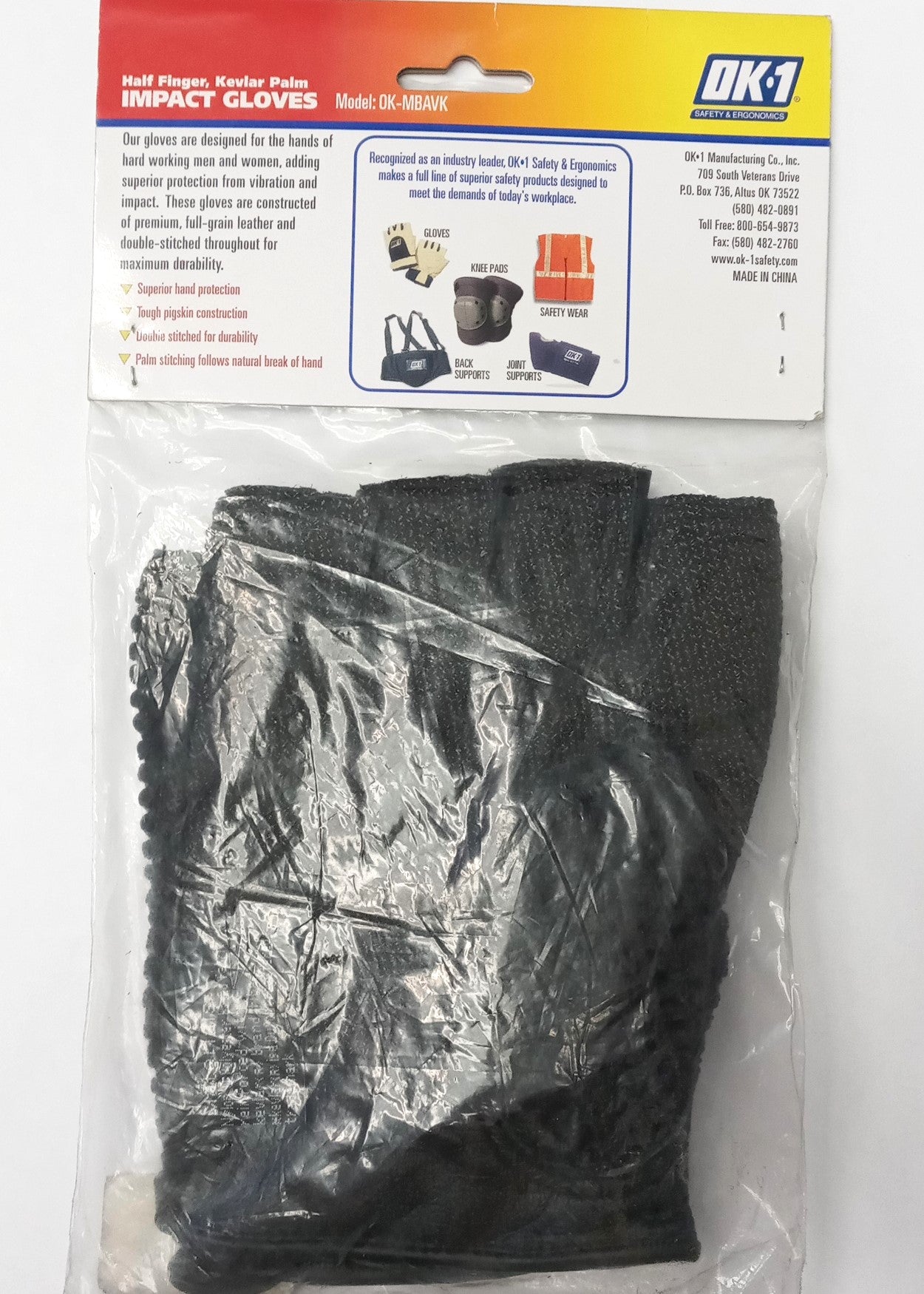 OK-1 Half Finger Impact Gloves, made with Kevlar Palm XXL Size OK-MBAVK