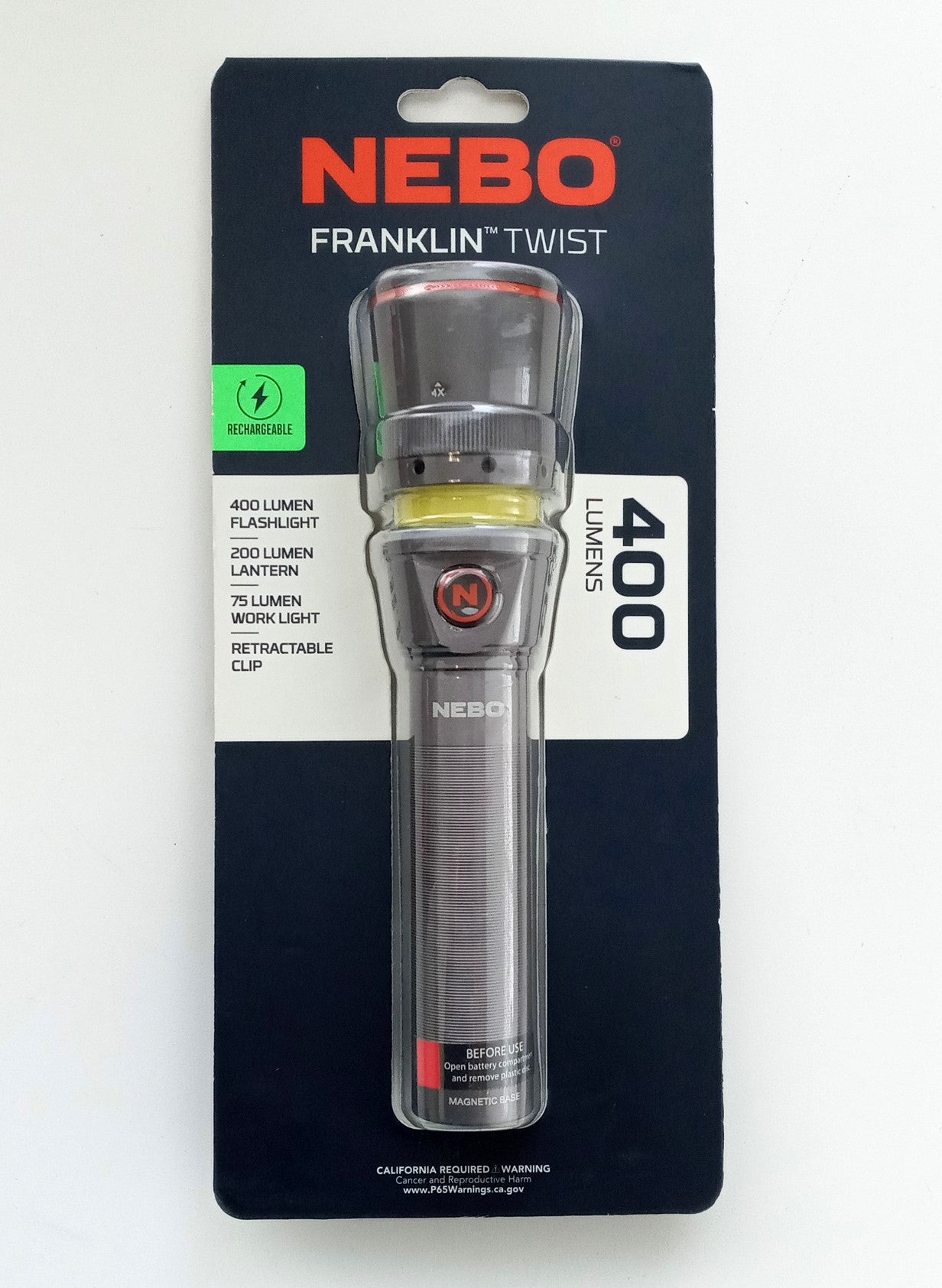 NEBO FRANKLIN TWIST Rechargeable ALUMINUM Flashlight 400 Lumen NEB-WLT-0024