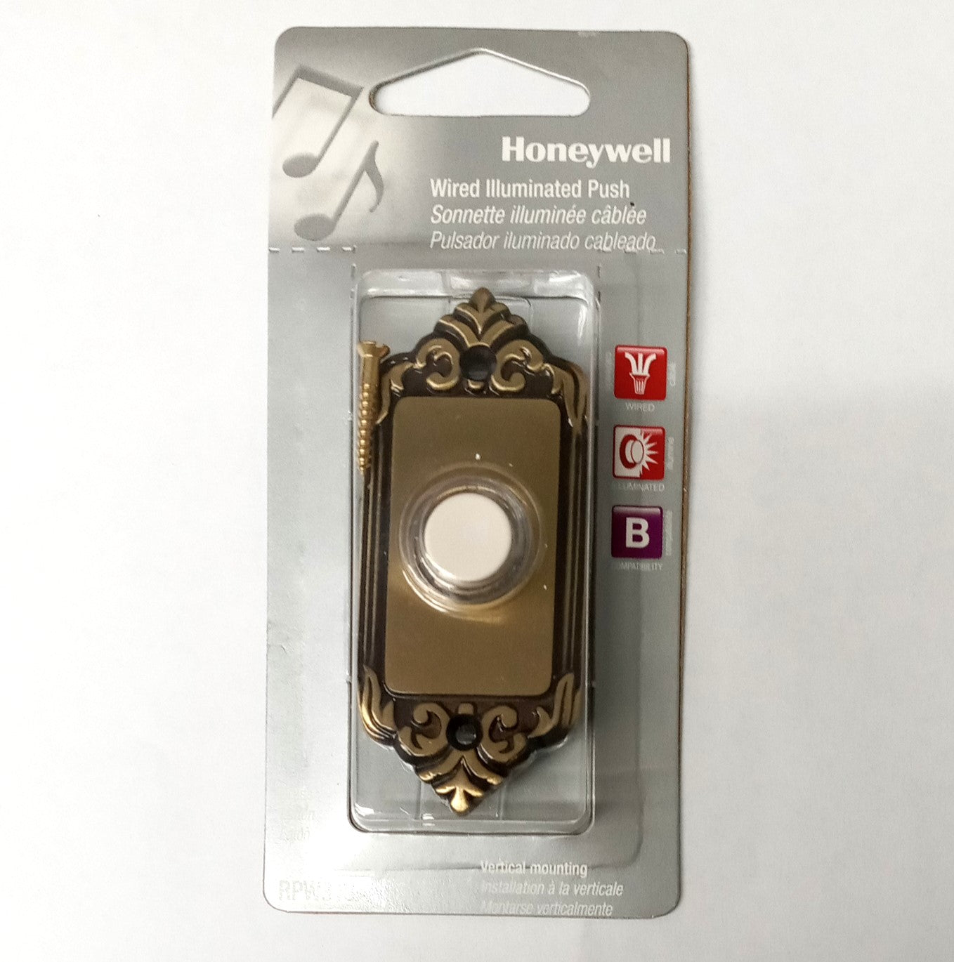 Honeywell RPW316A Brass Wired Illuminated Push Door Bell Button