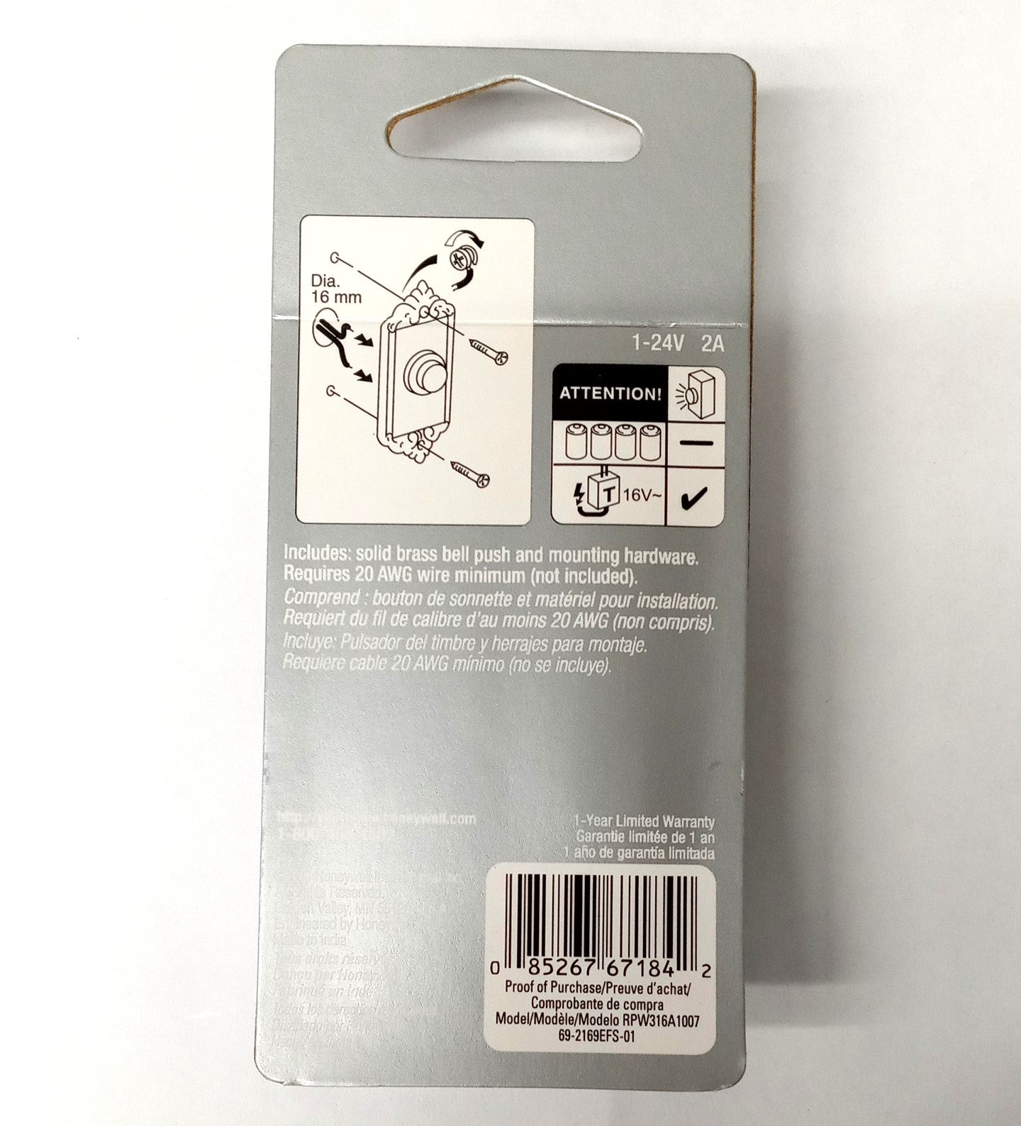 Honeywell RPW316A Brass Wired Illuminated Push Door Bell Button