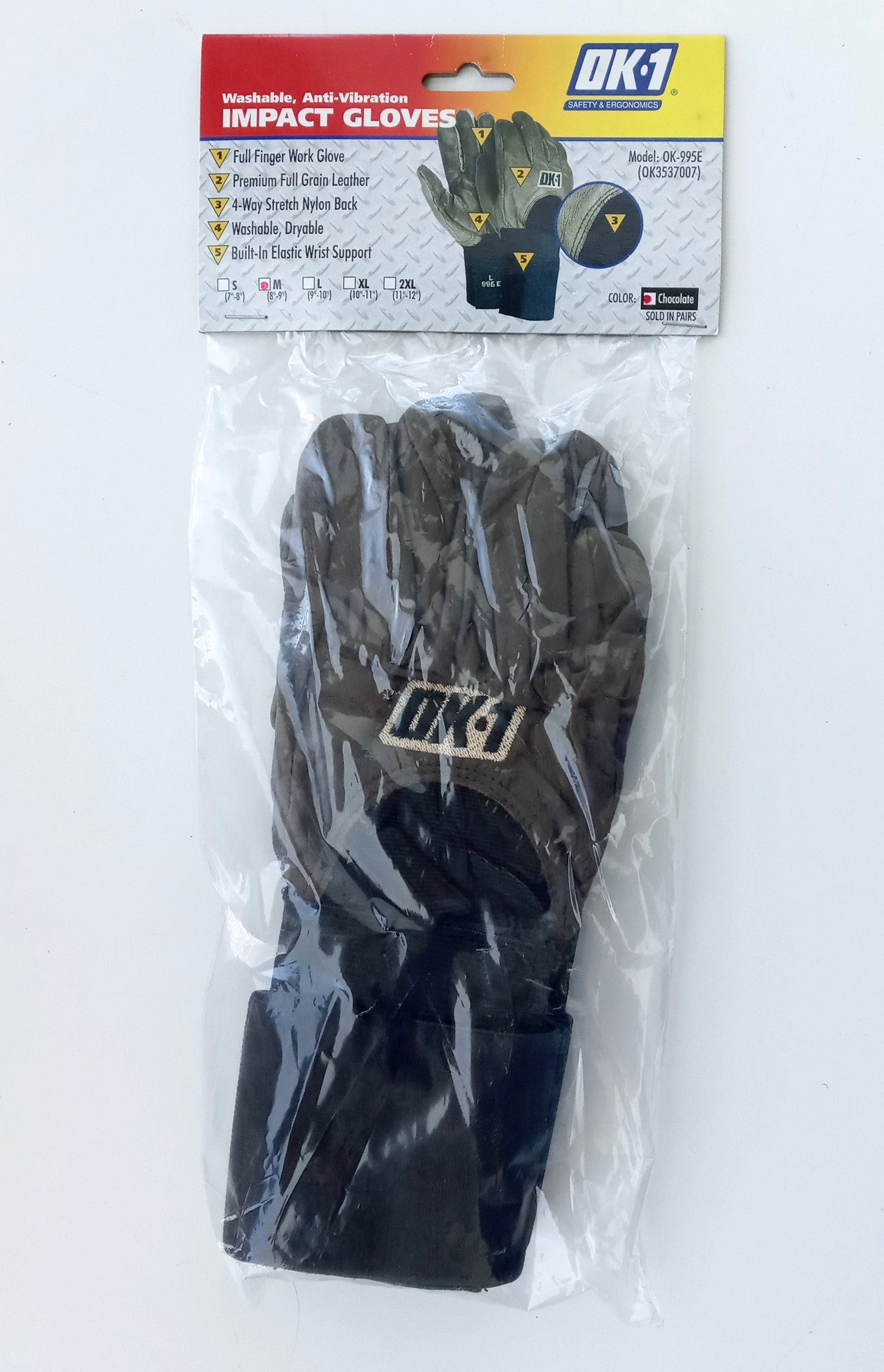 OK-1 OK-995E AntiVibration Style Work Glove Hook & Loop Closure Prem Leather MED
