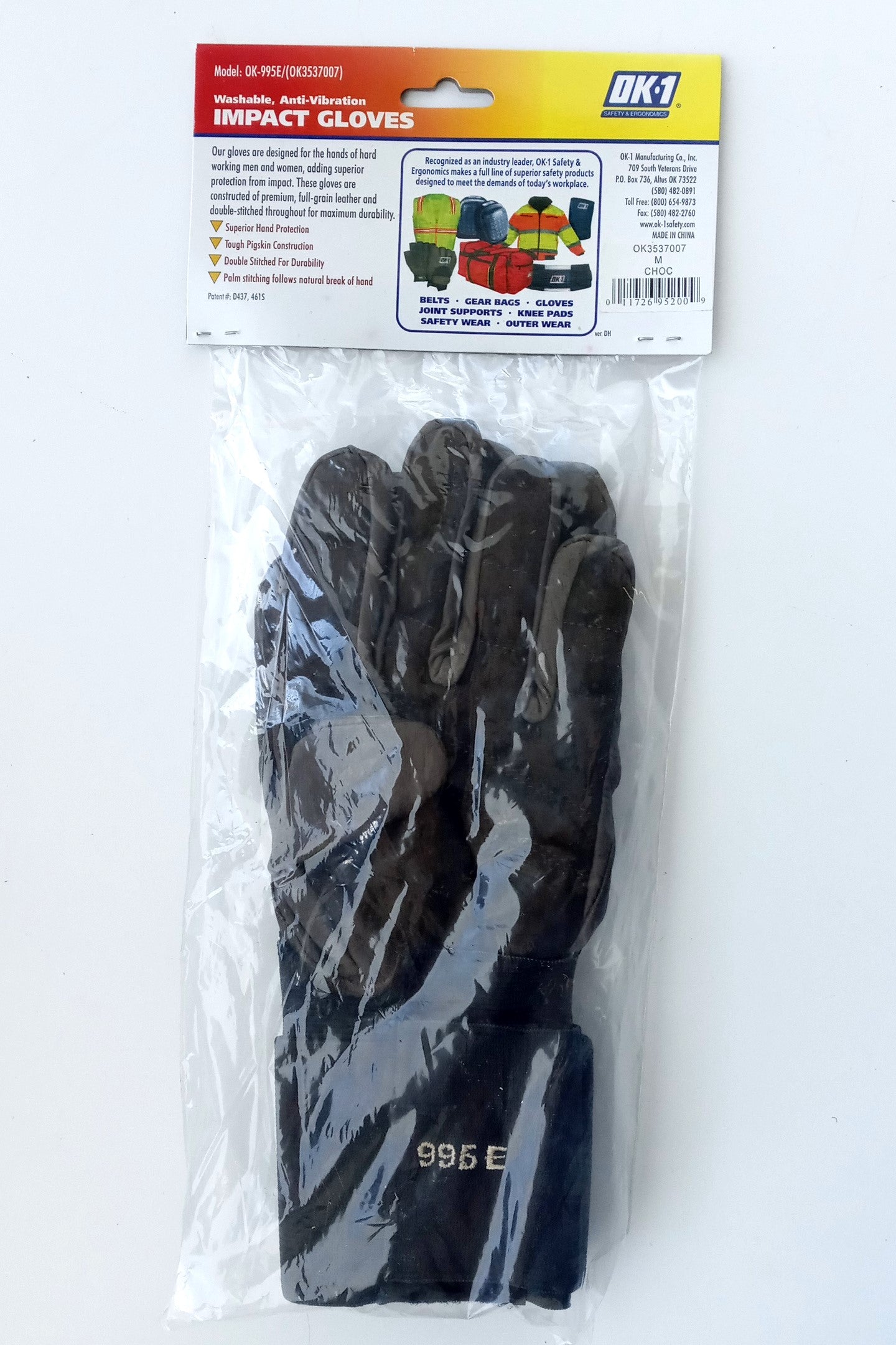 OK-1 OK-995E AntiVibration Style Work Glove Hook & Loop Closure Prem Leather MED