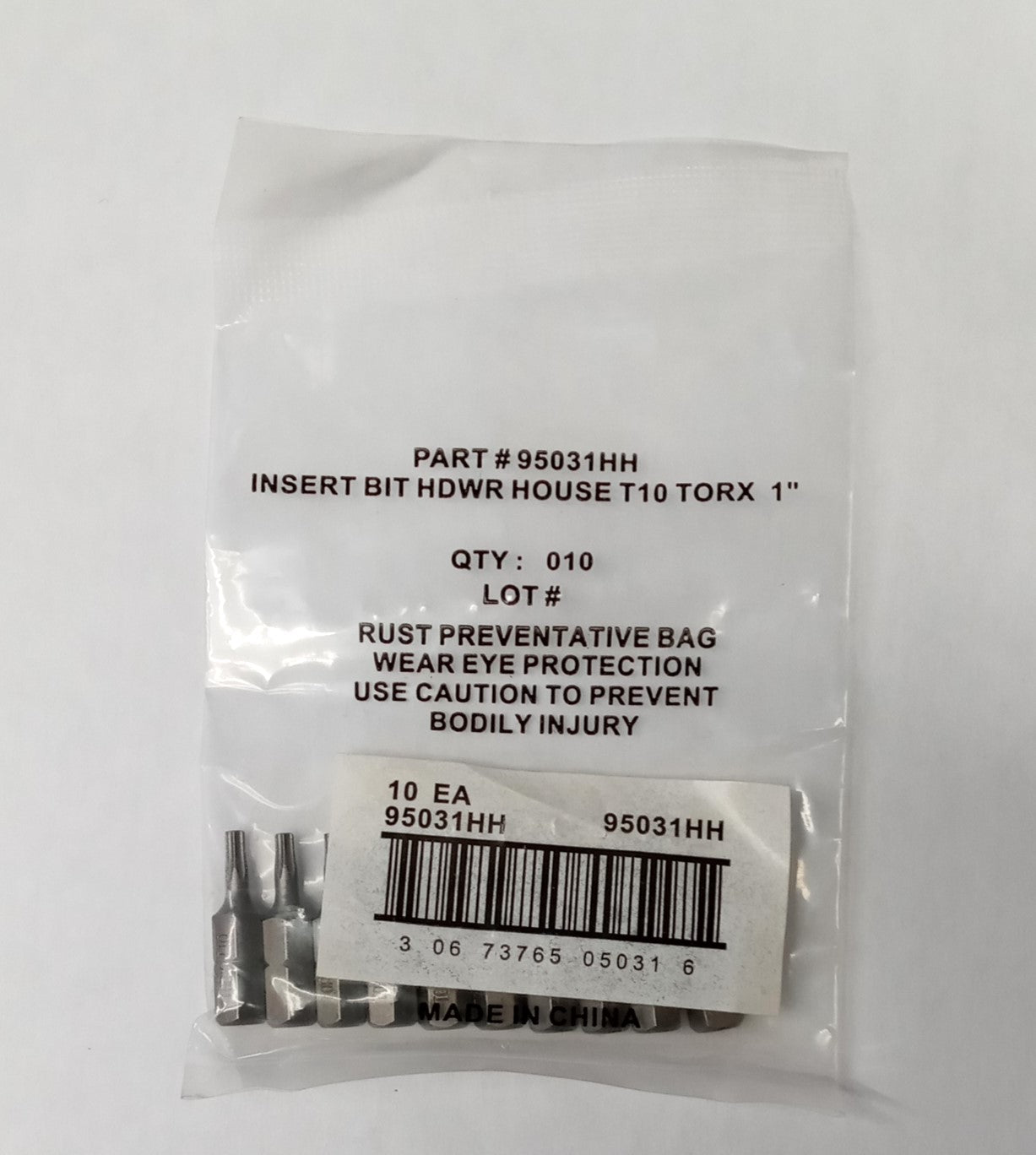 Irwin 95031HH T10 x 1" Torx Insert Bits 10 Pack (unbranded blanks)