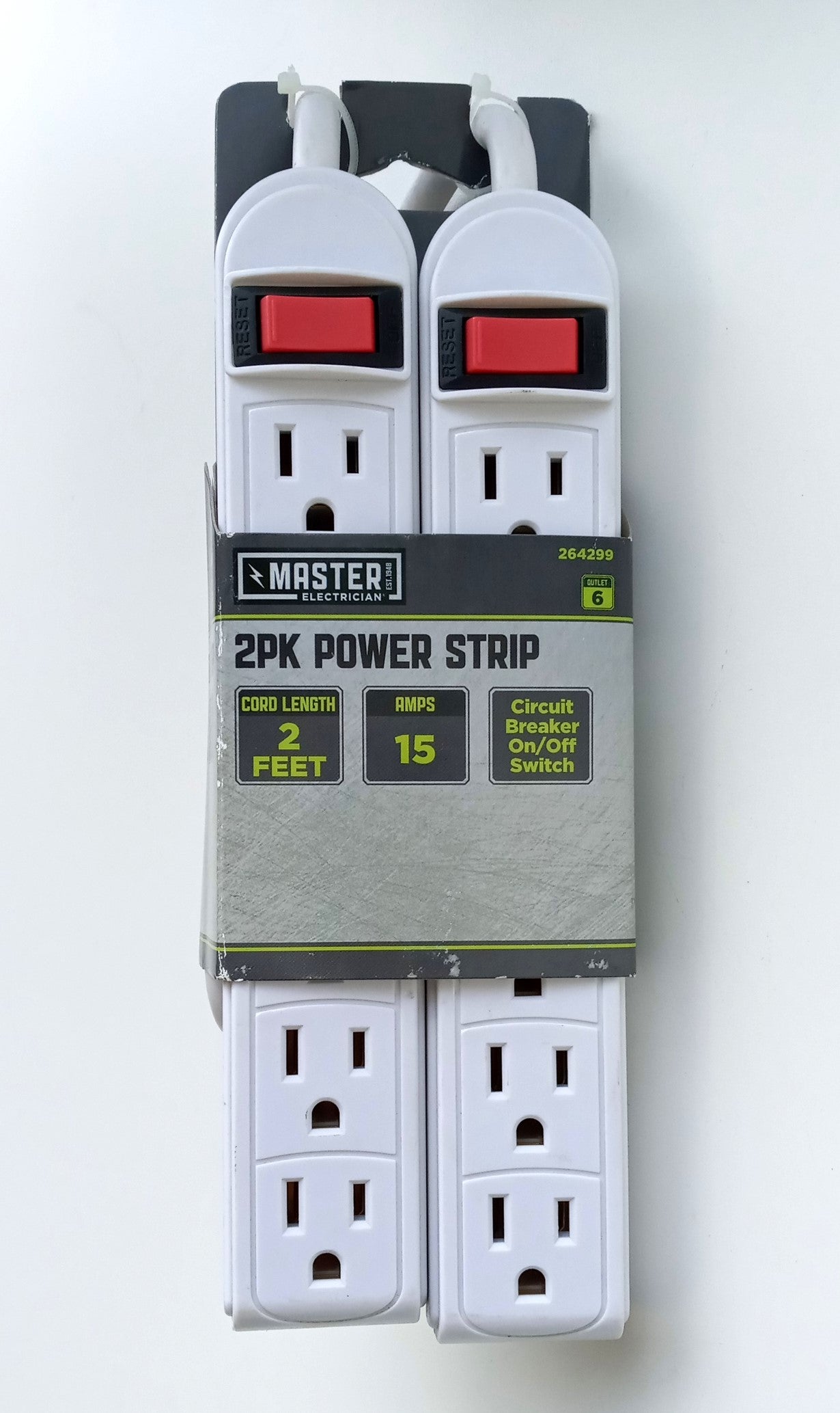 Master Electrician PS-615-2PK Power Strip, 14 AWG Cable, 2 ft L Cable, Straight Plug, 6 -Socket, White 2 Pack