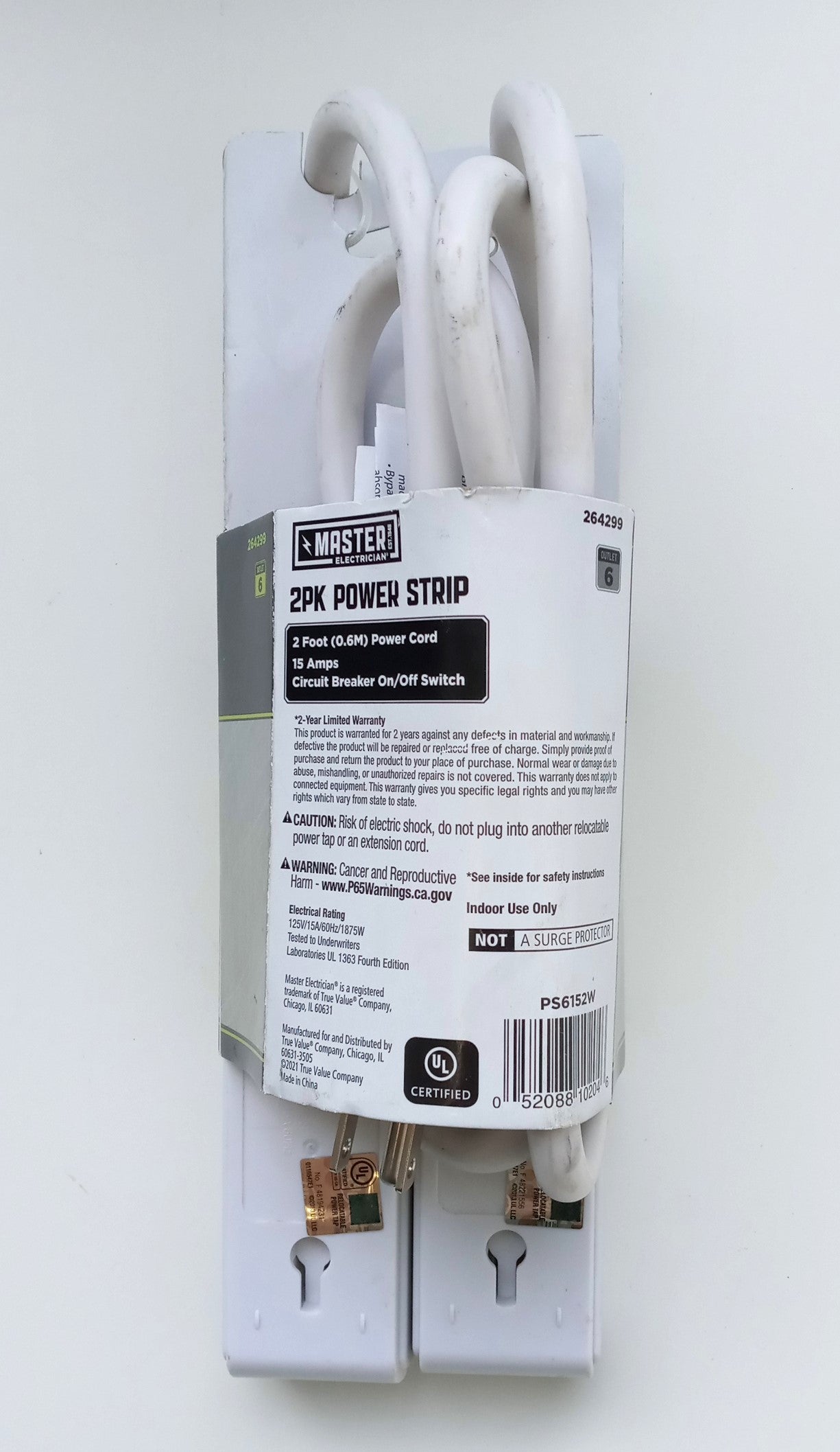Master Electrician PS-615-2PK Power Strip, 14 AWG Cable, 2 ft L Cable, Straight Plug, 6 -Socket, White 2 Pack
