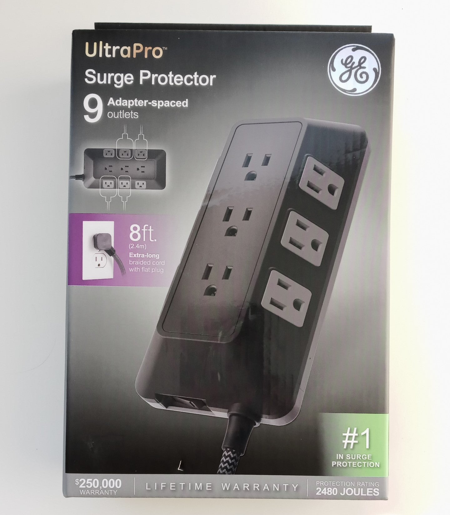 GE UltraPro 8ft Braided Surge Protector With 9 Outlets 73774-RF1