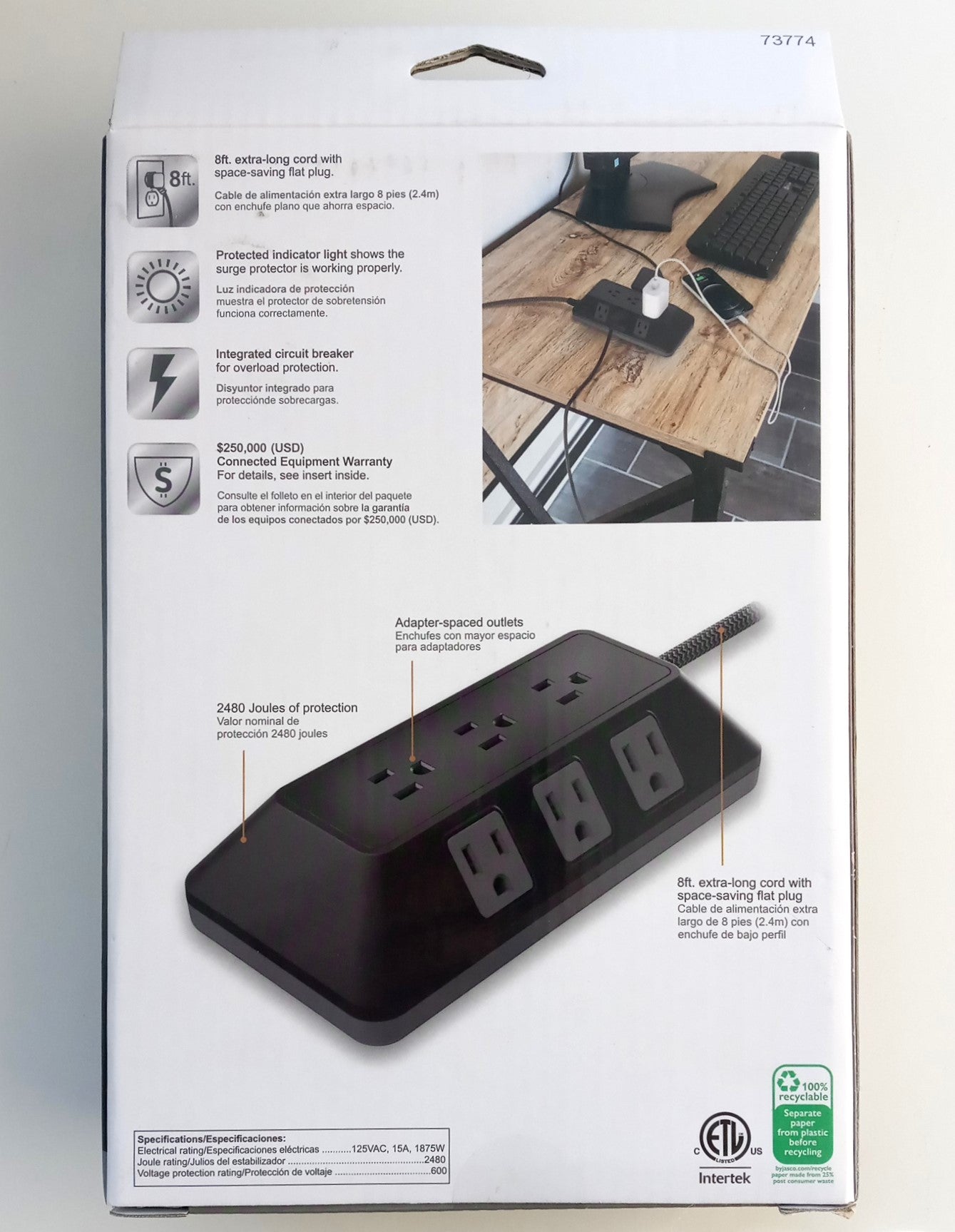 GE UltraPro 8ft Braided Surge Protector With 9 Outlets 73774-RF1