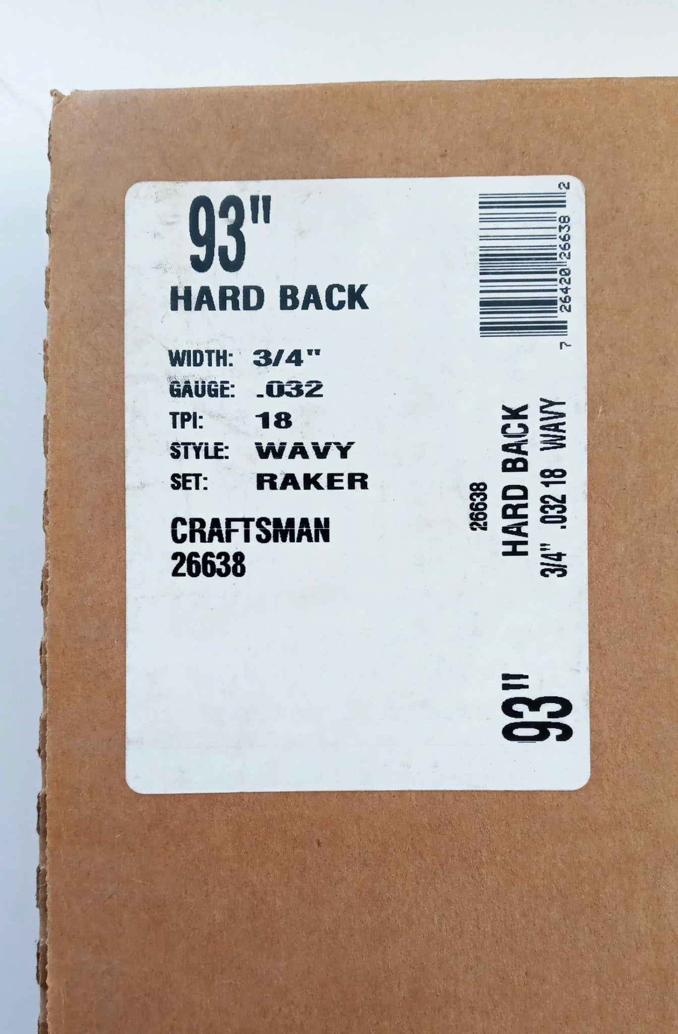 Craftsman 26638 Hard Back Bandsaw Blade 3/4" wide x 93" long 18TPI .032 Gauge
