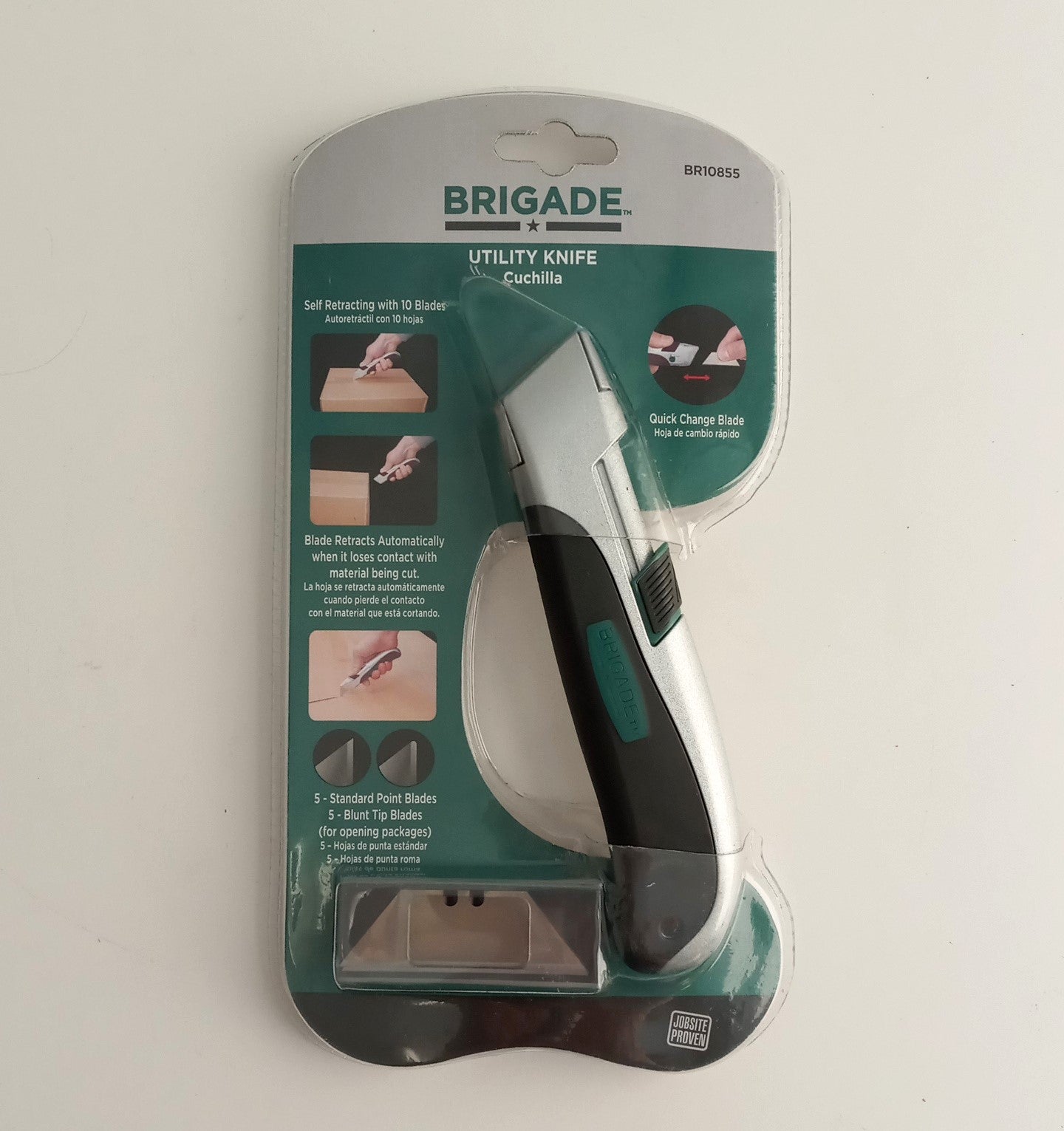 Brigade BR10855 Self Retracting Utility Knife & 10 Blades Quick Change Blade