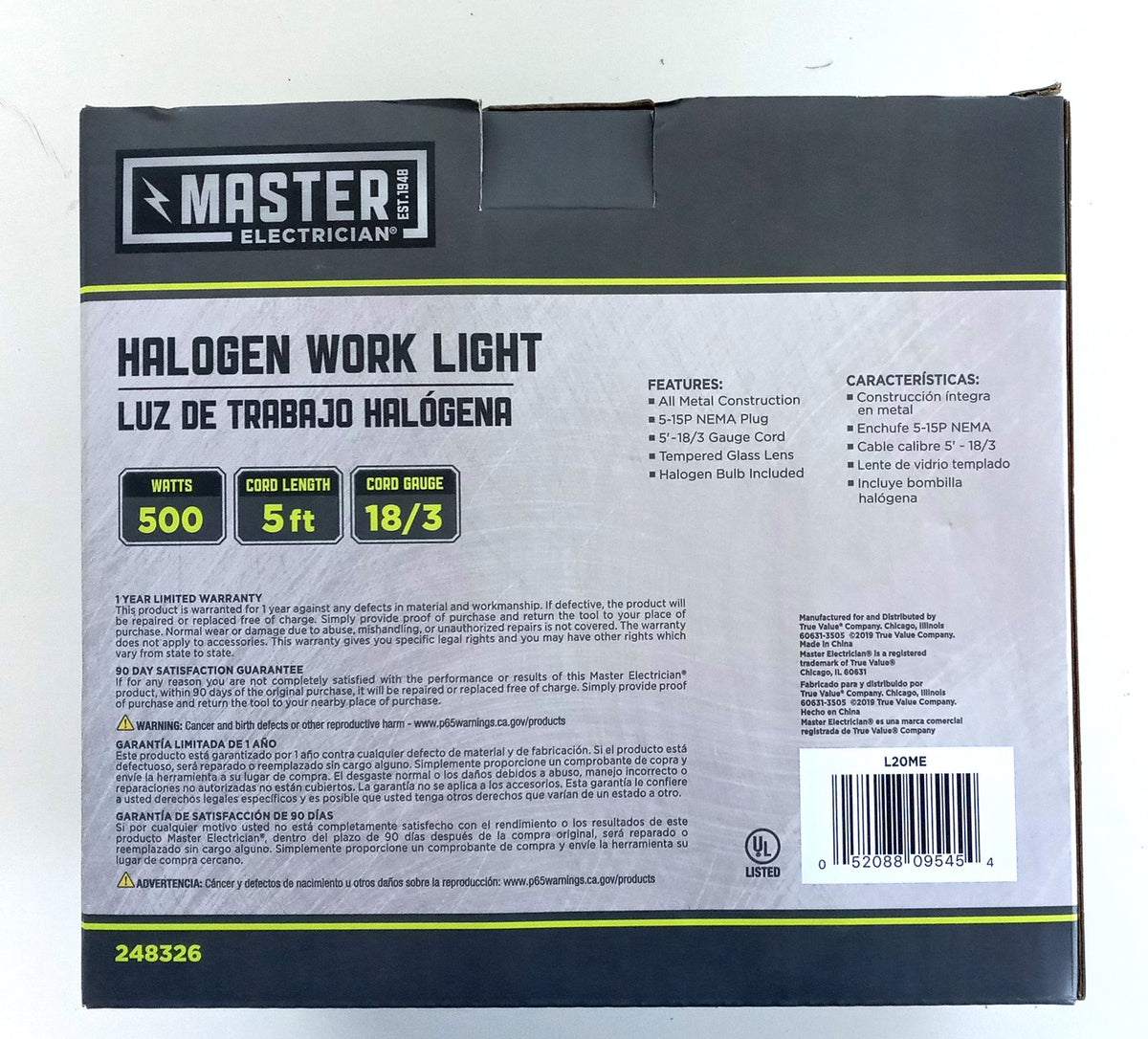 Master Electrician Portable Halogen Garage Shop Work Light 500-Watts L20ME