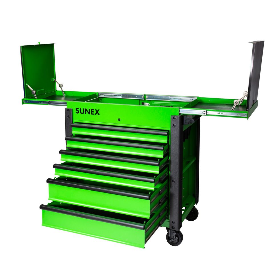 SUNEX 8035XTFDLG - 6-DRAWER SLIDE TOP SERVICE CART WITH POWER STRIP- LIME GREEN