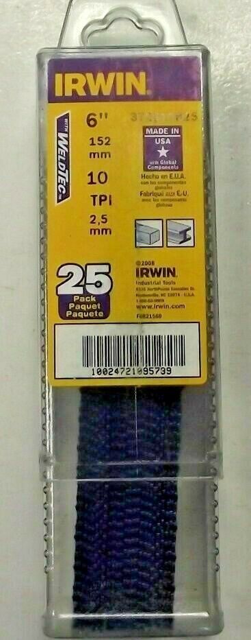 Irwin 372610B 6" x 10TPI Bi-Metal Recip Saw Blade 25pk USA