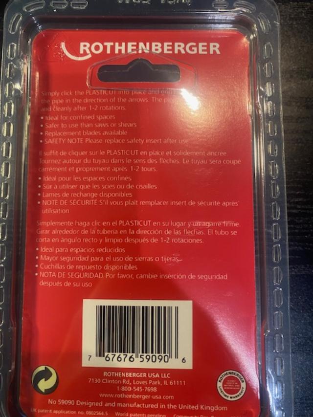 Rothenberger Plasticut Plastic Tube Pipe Cutter 3/4" & 1" 59090 United Kingdom