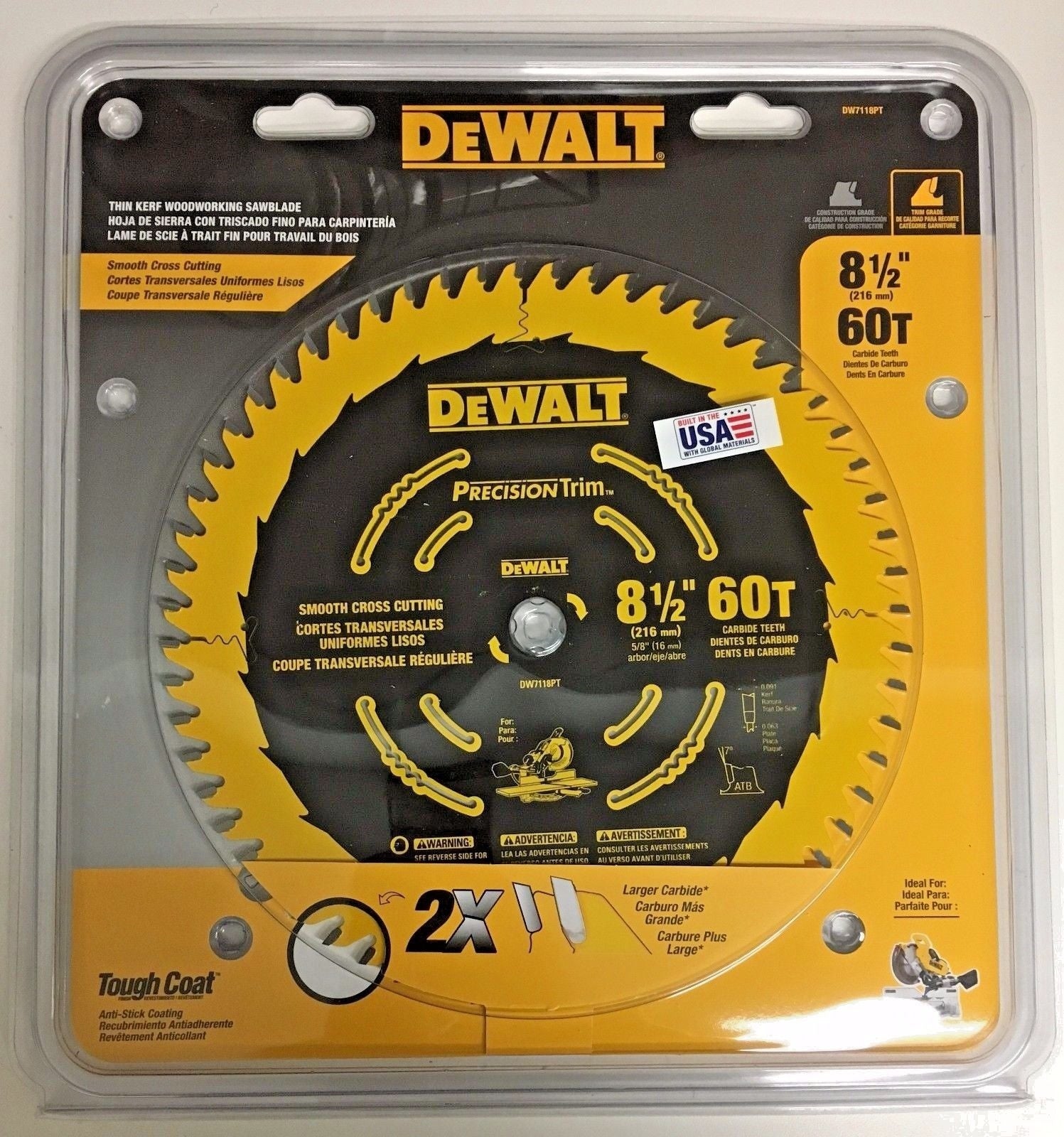 Dewalt 8-1/2" x 60T Precision Trim Crosscutting Saw Blade 5/8 Arbor USA DW7118PT