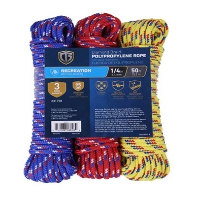 Richelieu Polypropylene Rope, Diamond Braided Rope 1/4 In. x 50 Ft 3-Pk. 643551
