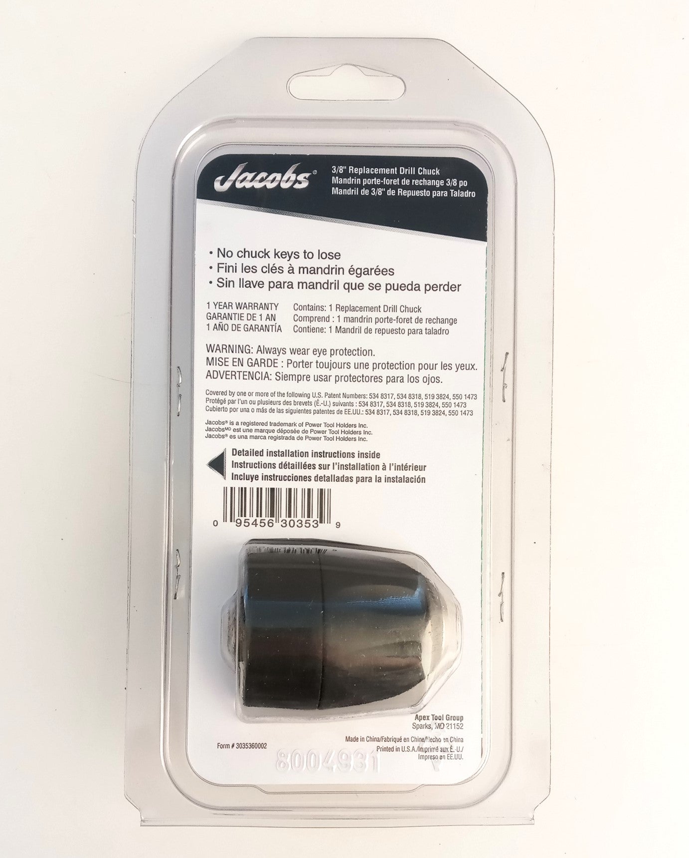 Jacobs Keyless Drill Chuck 3/8" 10mm 3/8-24 Mount 30353