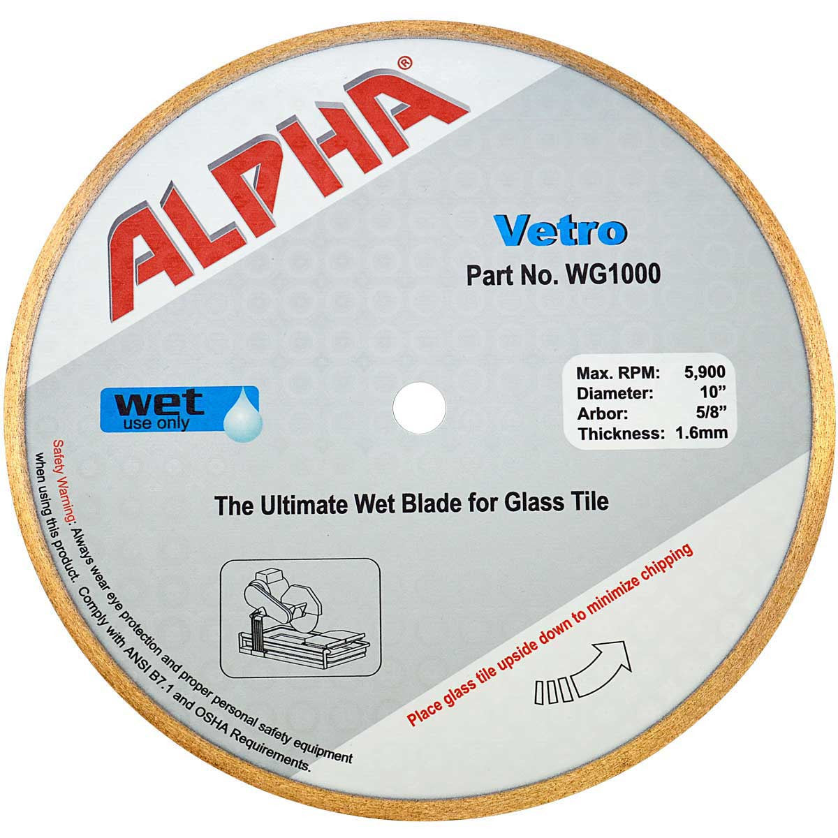 Alpha WG1000 10" Vetro Glass Diamond Saw Blade 5/8" Arbor Japan