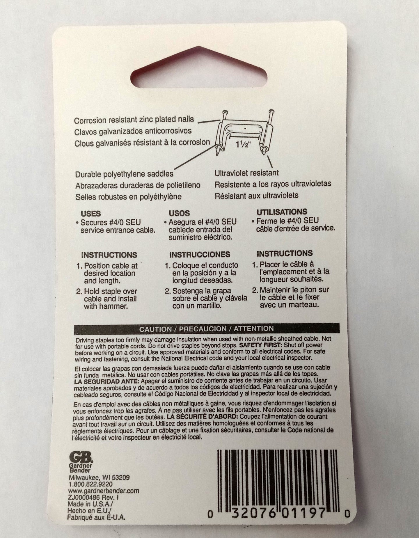 Gardner Bender GSE-402 4/0 SEU Service Entrance Cable Staples 2 Pack USA