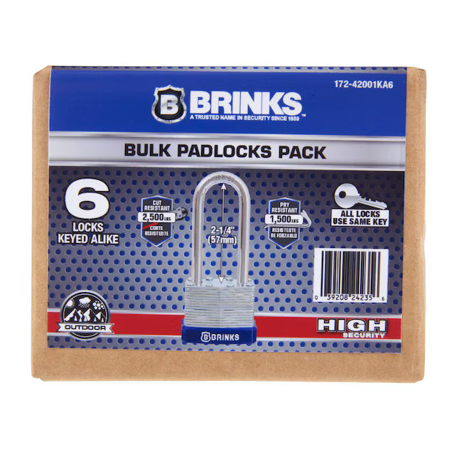 Brinks Contractor Keyed Alike Keyed Padlock 1-1/2-in Wide x 2-1/4 Shackle 6pk.