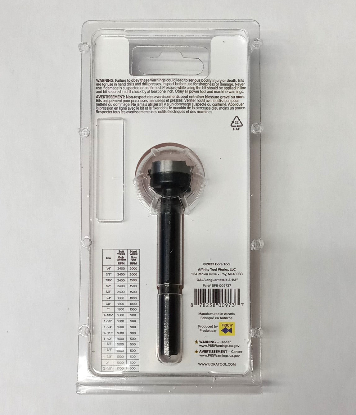 Bora 7/8" Tempest Forstner Drill Bit 3/8" Shank Austria 00973